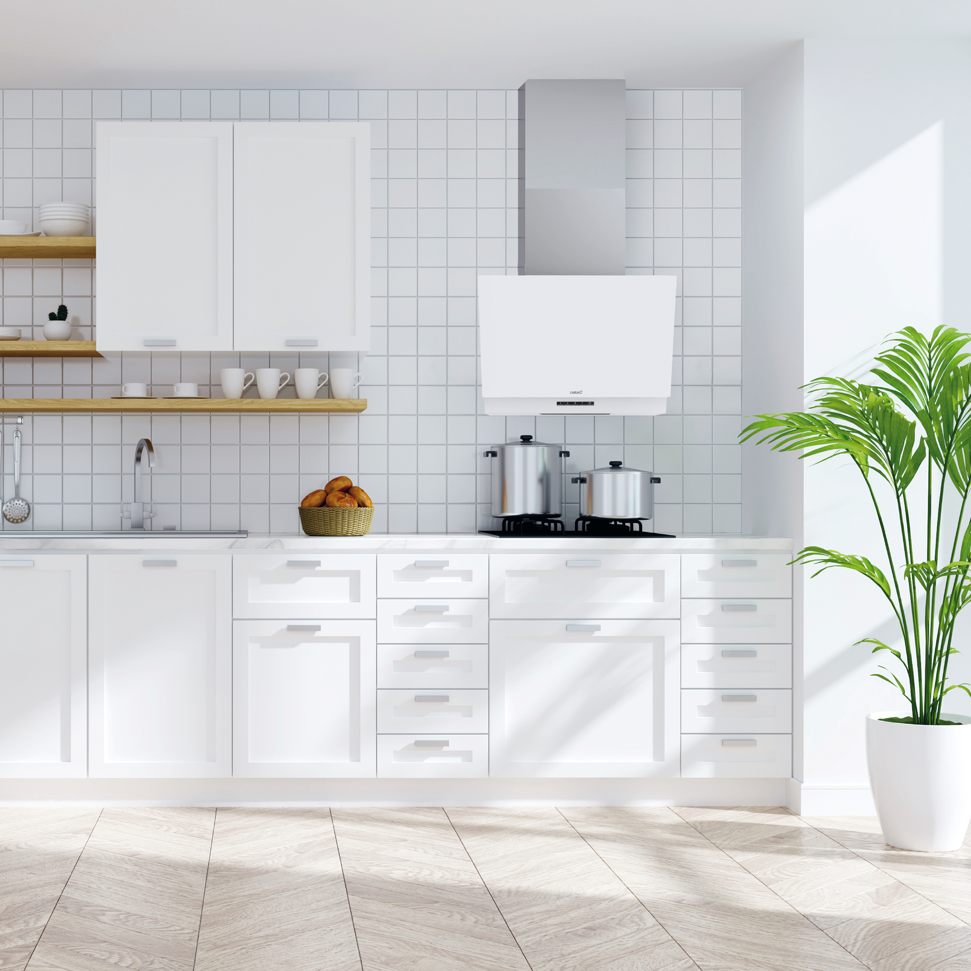 Cocina blanca moderna con suelo de madera, campana y ollas.