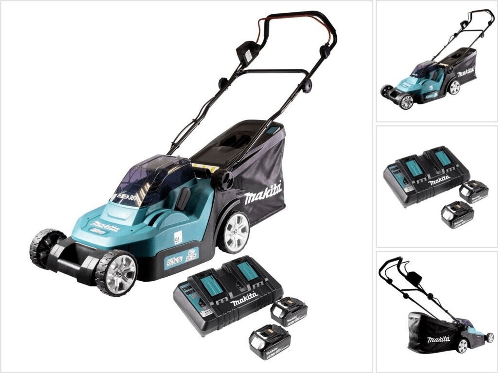 Un cortacésped azul y negro con dos baterías y un cargador.