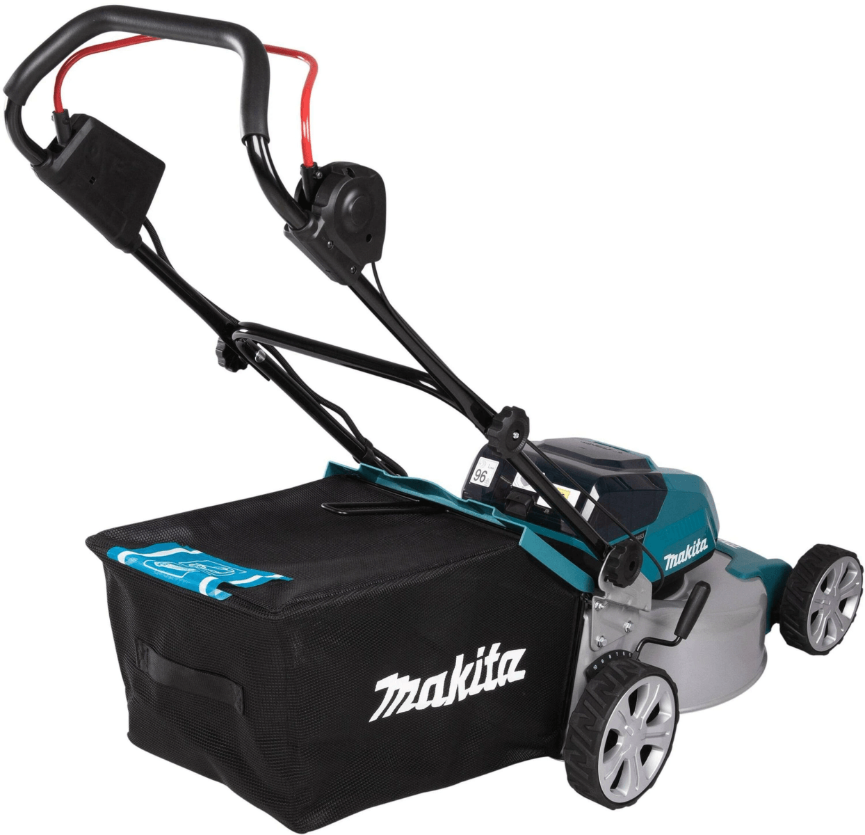 Un cortacésped Makita con recogedor y manillares, sobre fondo blanco.