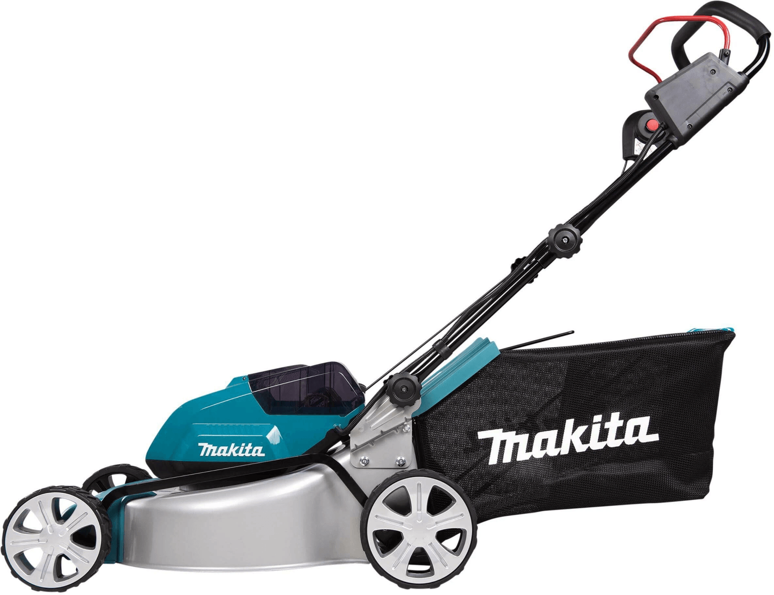 Un cortacésped Makita azul y plateado con recogedor negro sobre fondo blanco.