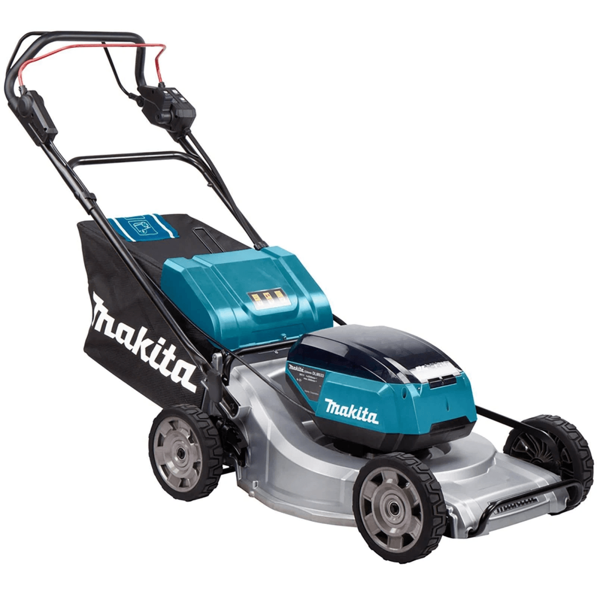 Un cortacésped inalámbrico plateado con dos baterías turquesas y bolsa recolectora negra.