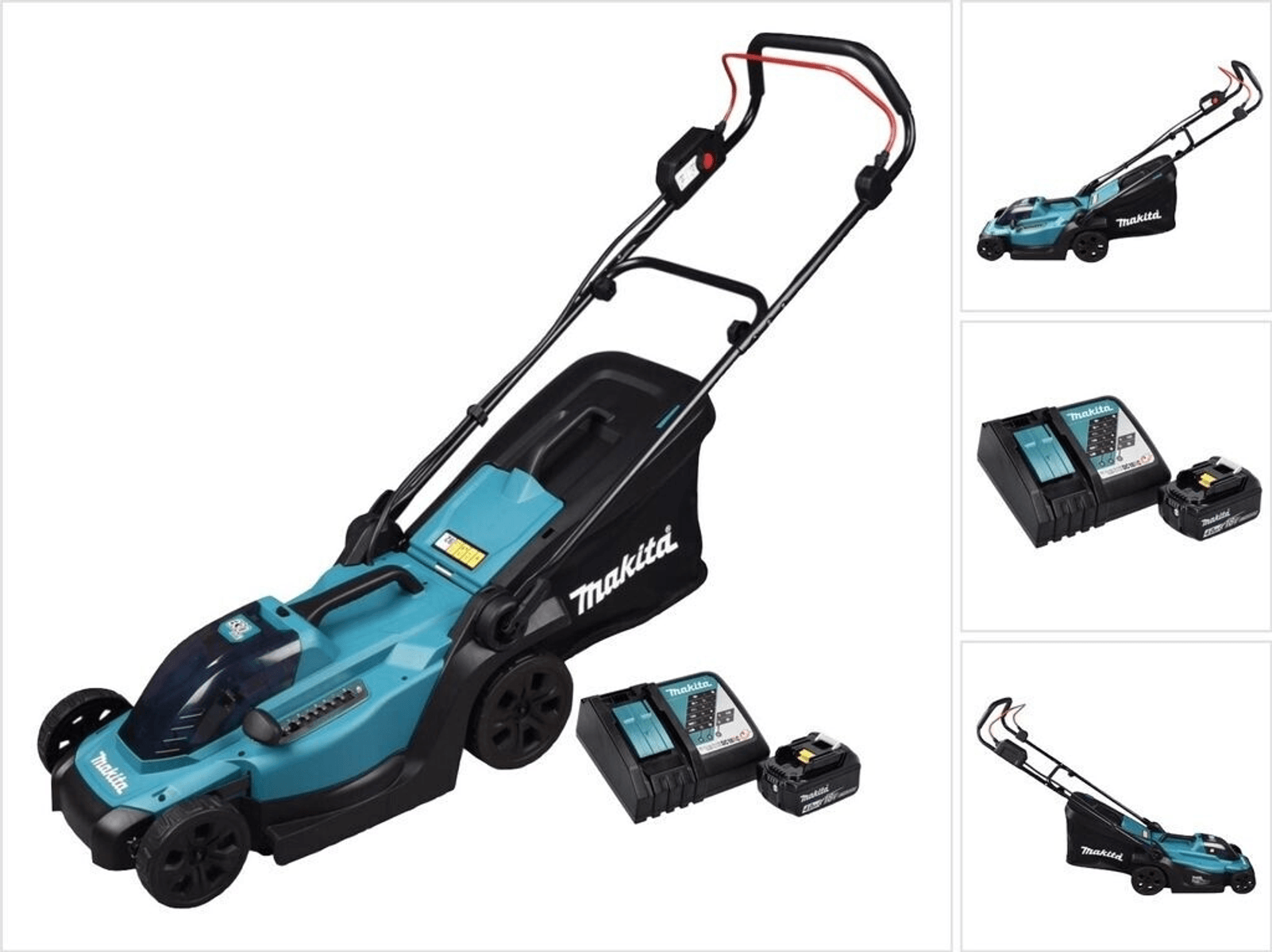 Cortacésped turquesa y negro con accesorios.