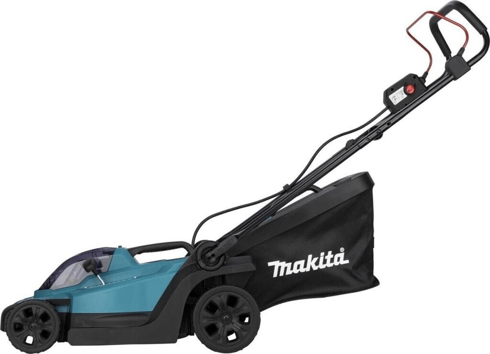 Un cortacésped eléctrico Makita verde azulado y negro con bolsa recogedora se muestra de lado.