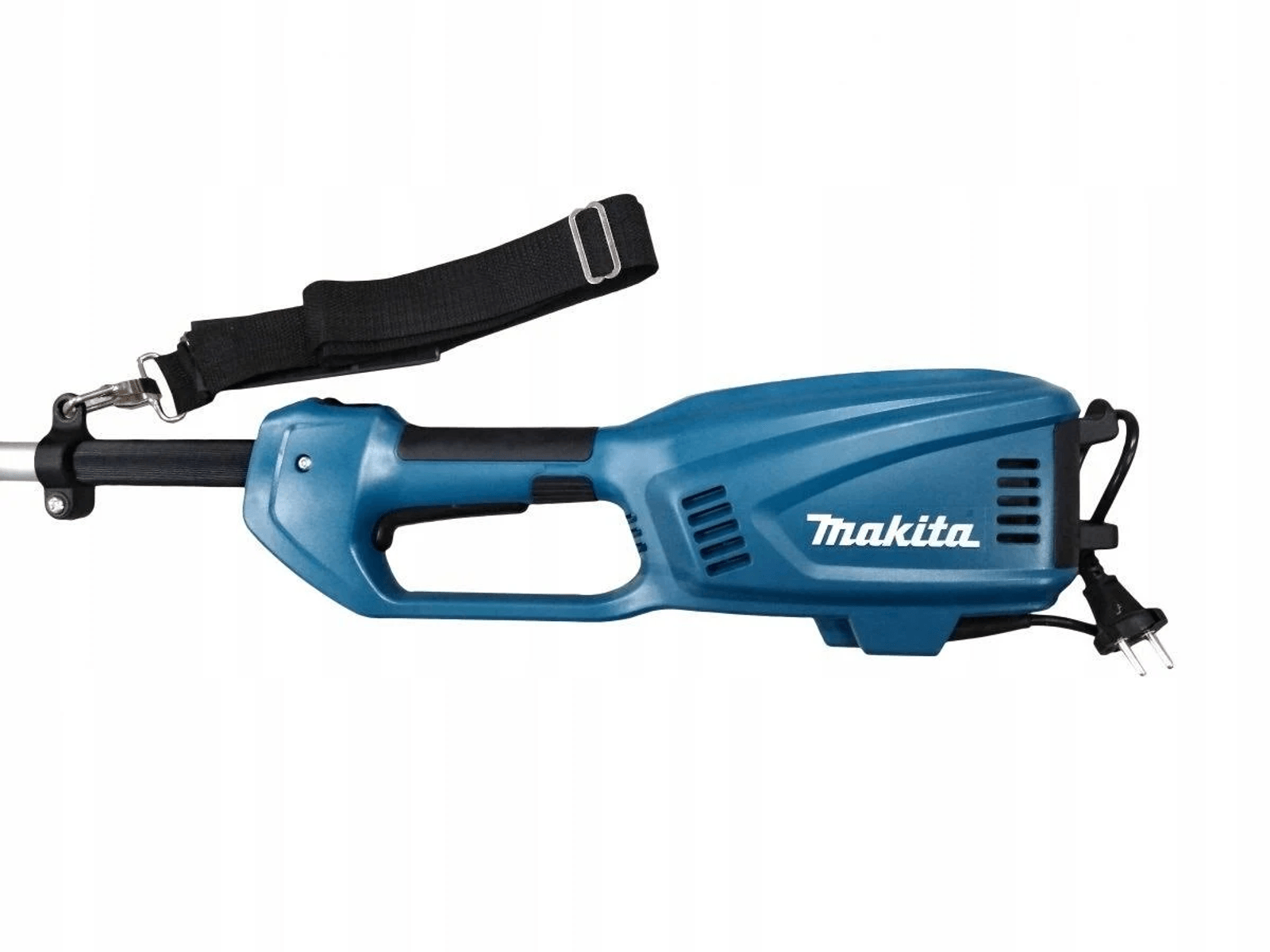 Un cortasetos Makita azul con correa negra y cable de alimentación.