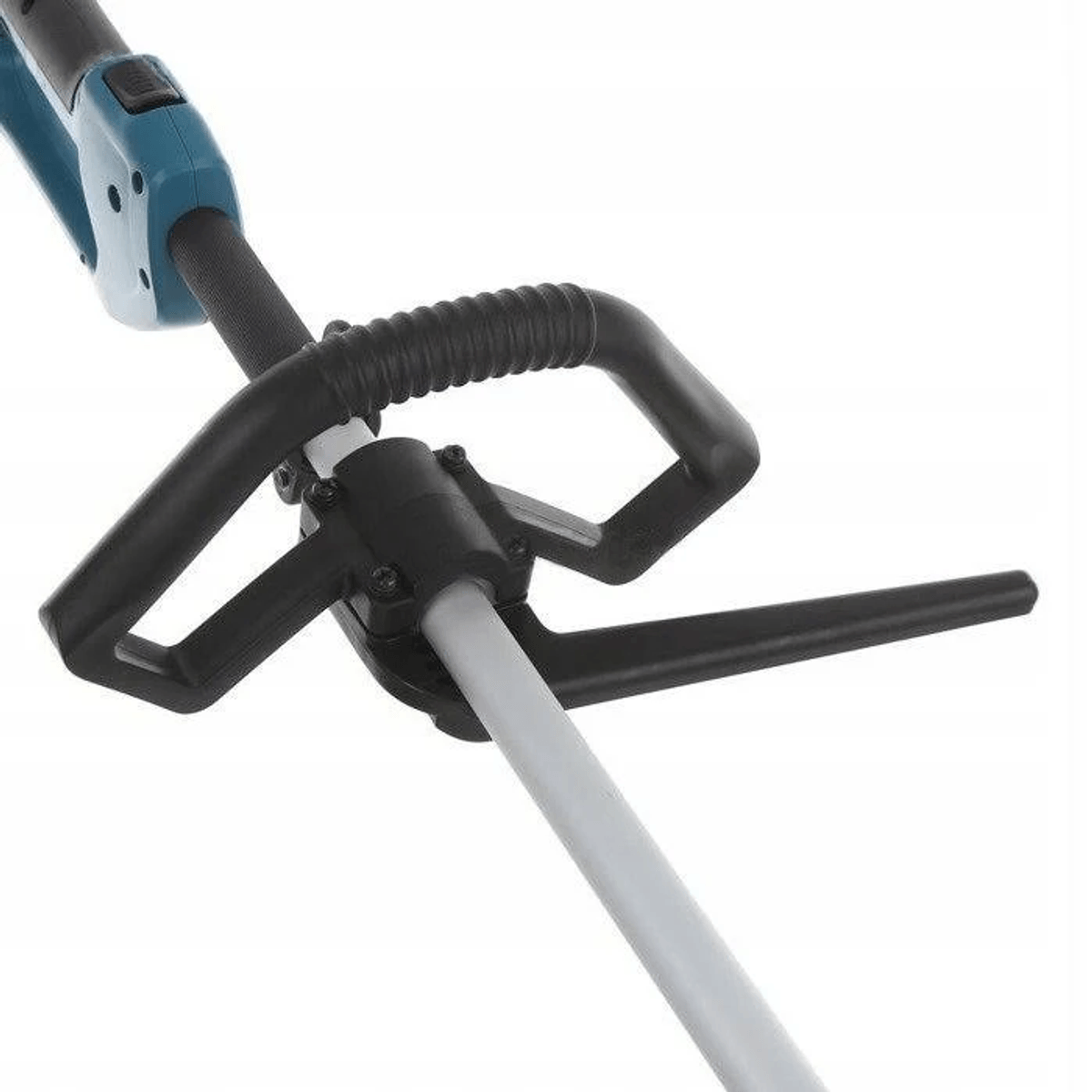 Primer plano del mango de un cortabordes, con partes azules y negras.