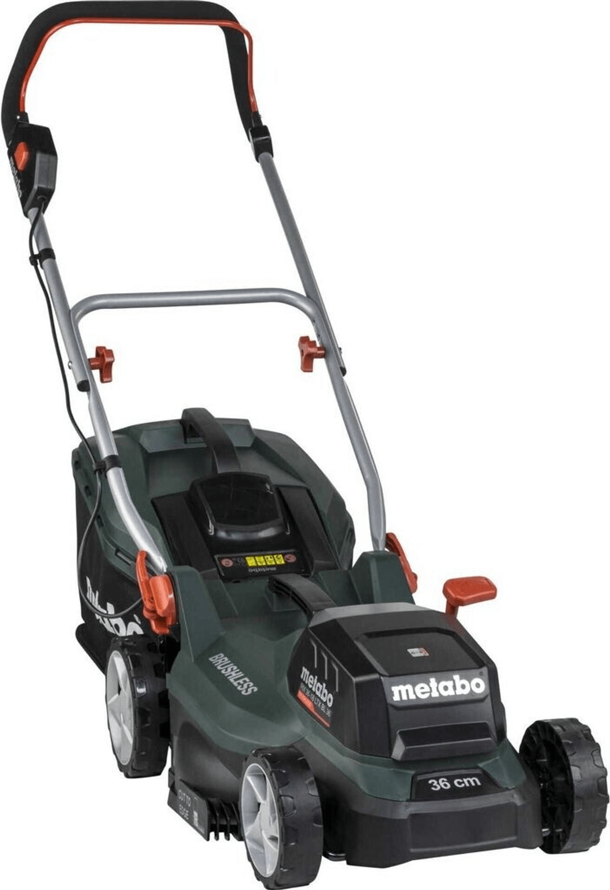 Cortacésped inalámbrico Metabo verde con ruedas negras y detalles naranjas. 36 cm de corte.