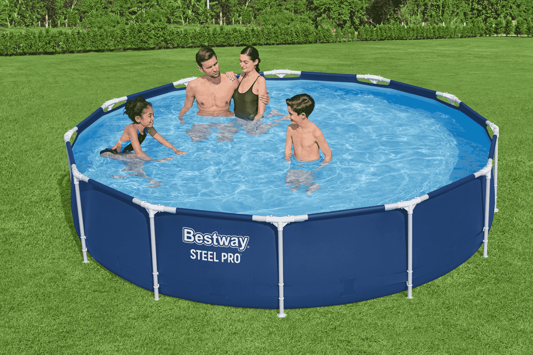 Family splashes in a round Bestway Steel Pro pool on a green lawn.
