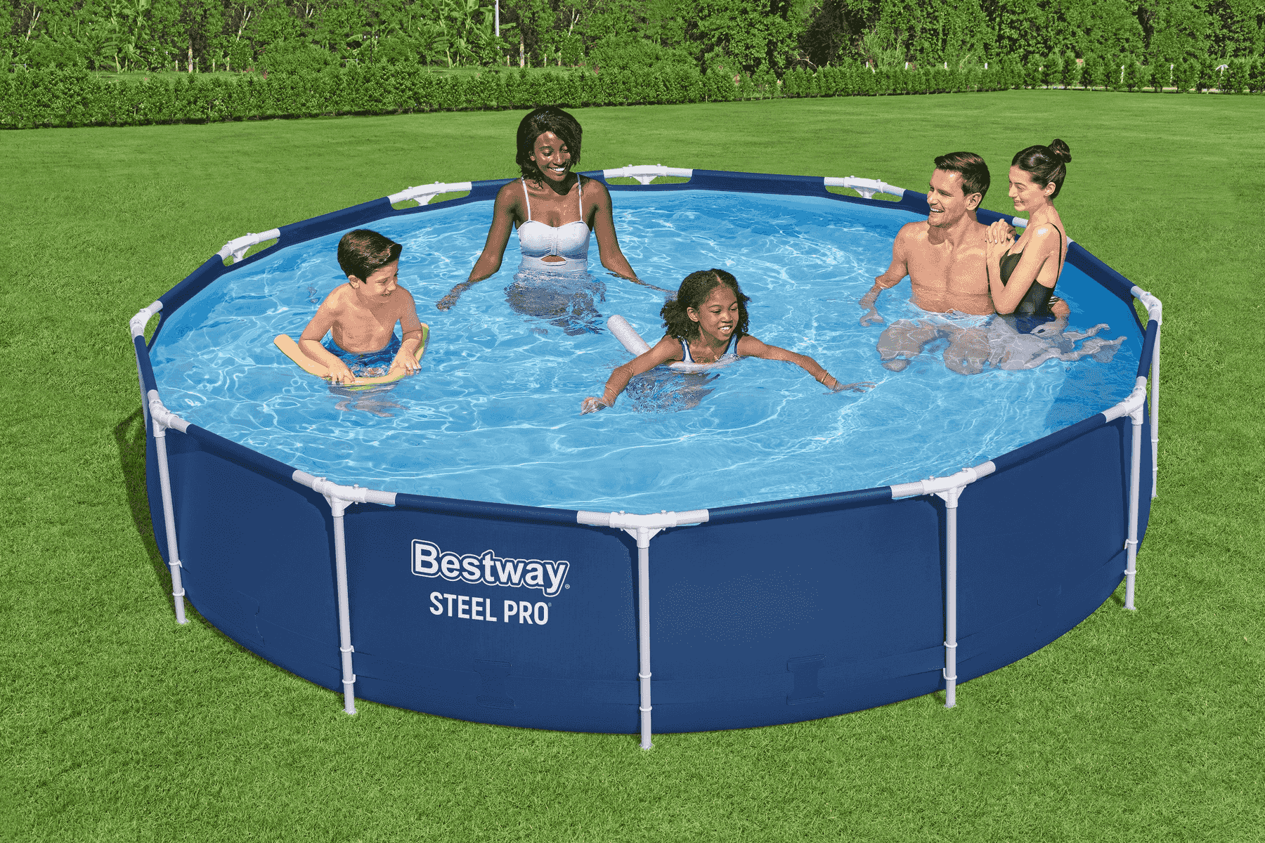 A family splashes in an inflatable pool in a backyard.