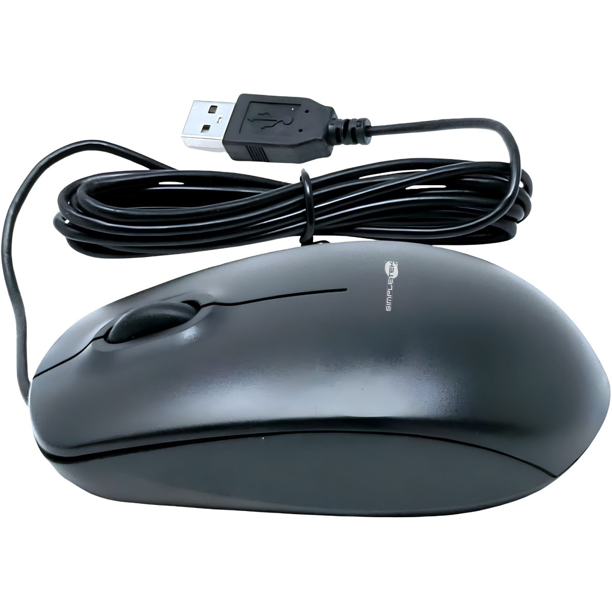 Un mouse per computer nero con cavo, connettore USB e cavo nero a spirale.