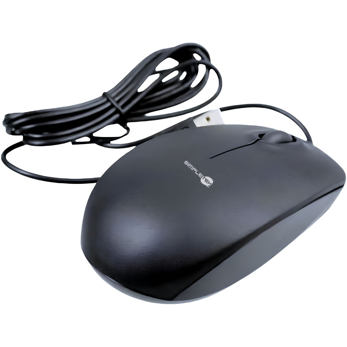 Un mouse nero per computer con cavo nero arrotolato e logo SimpleTek.