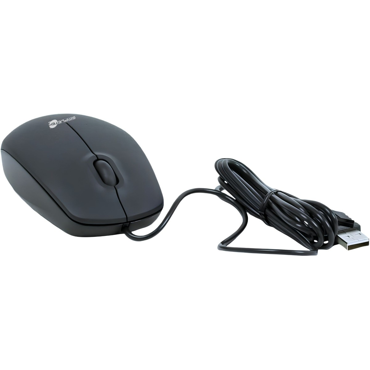 Un mouse USB nero con cavo su sfondo bianco.