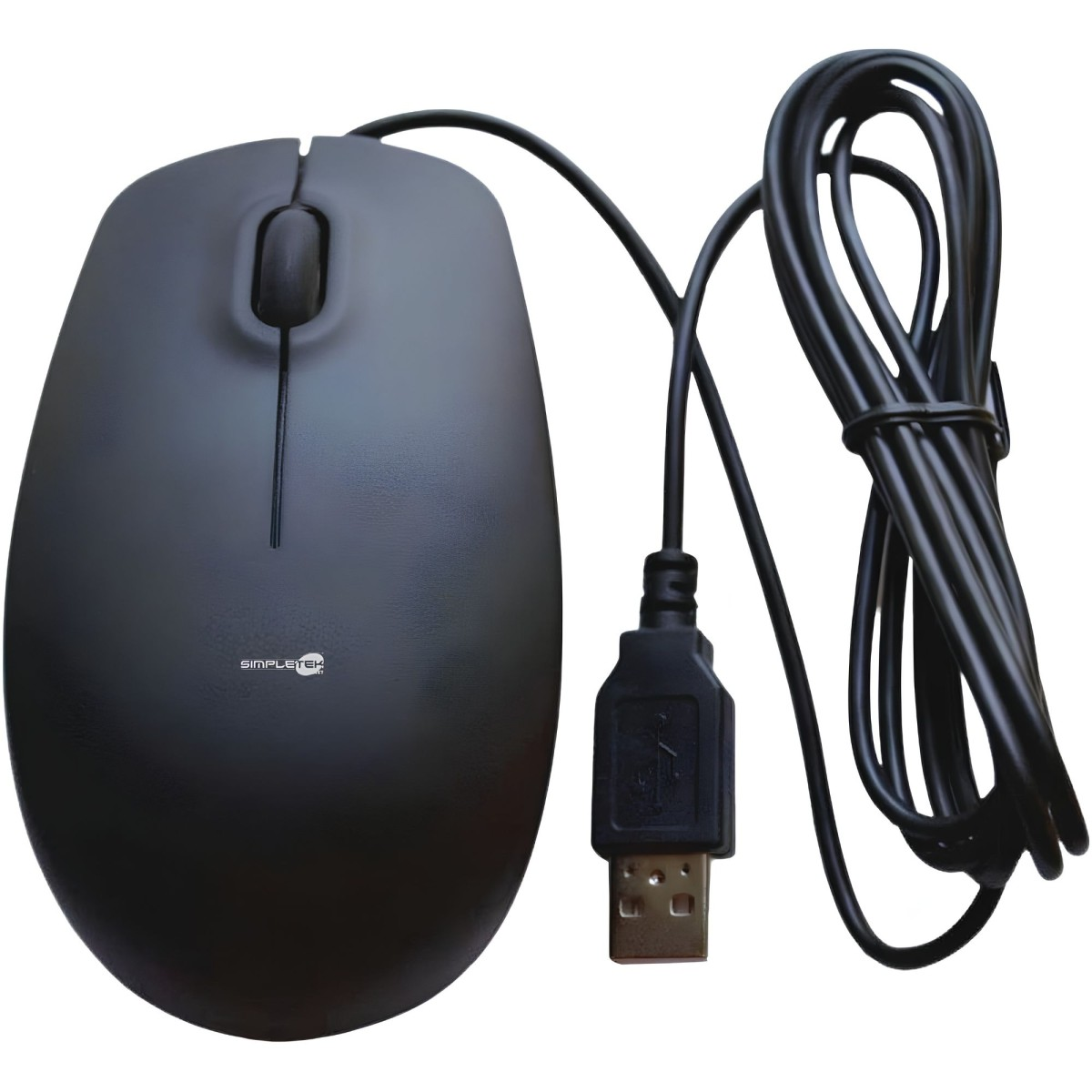 Mouse USB nero per computer con rotella e cavo.