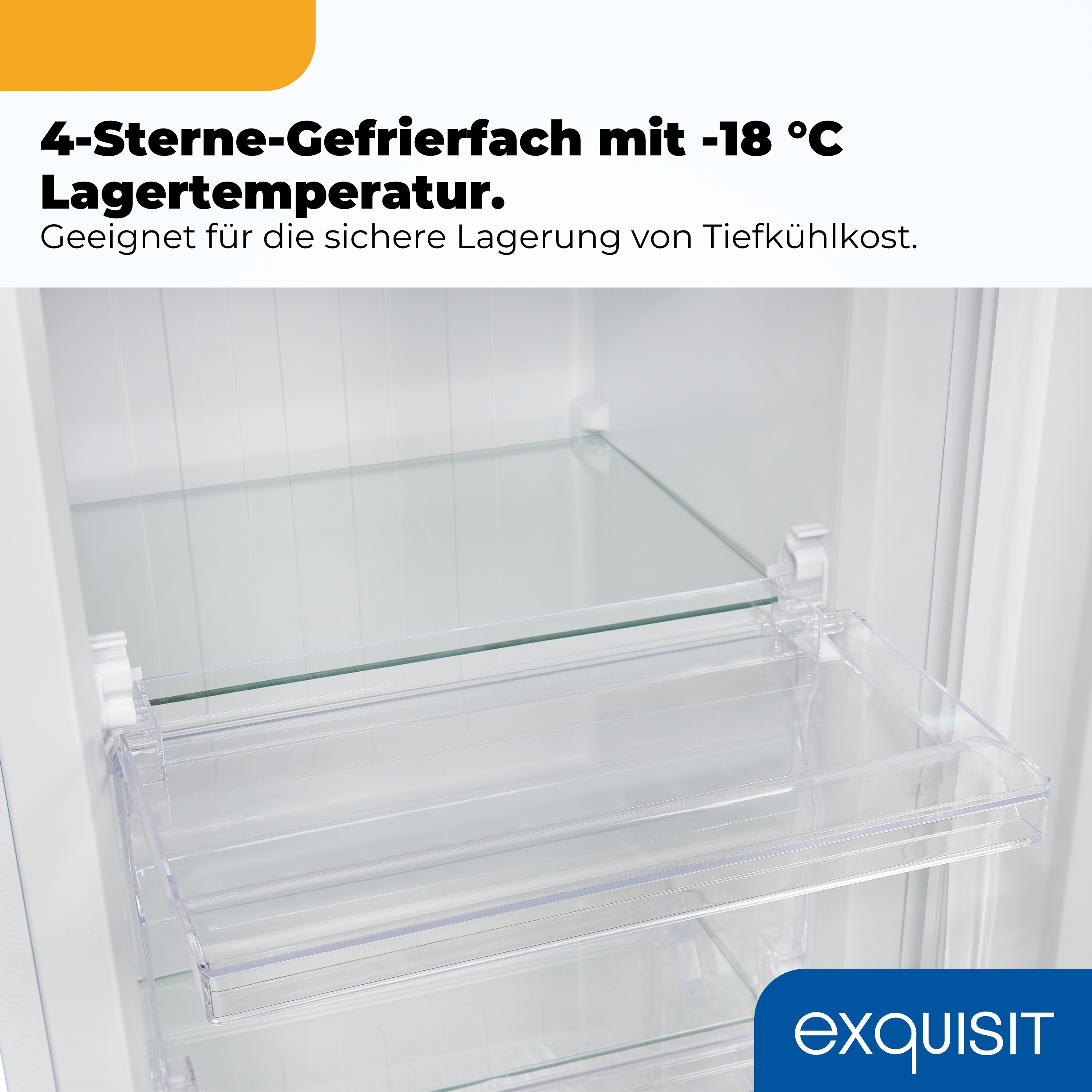 Innenansicht eines Gefrierschranks mit Glasböden und transparenten Schubladen.