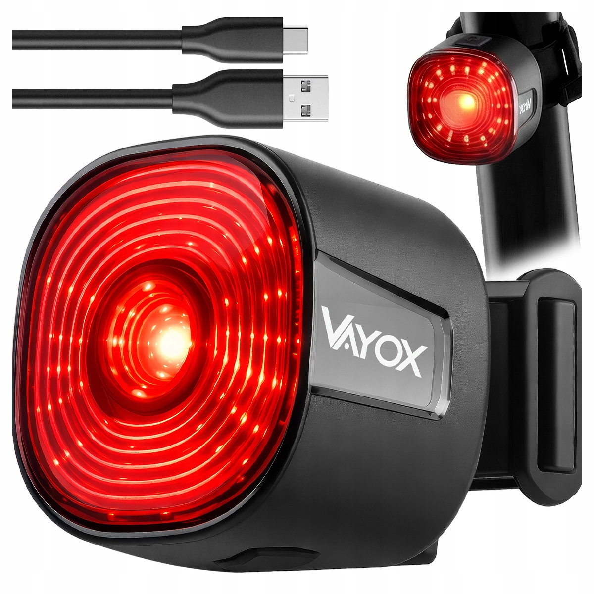 Czarna lampka rowerowa VAYOX z czerwonymi diodami LED i kablami USB.