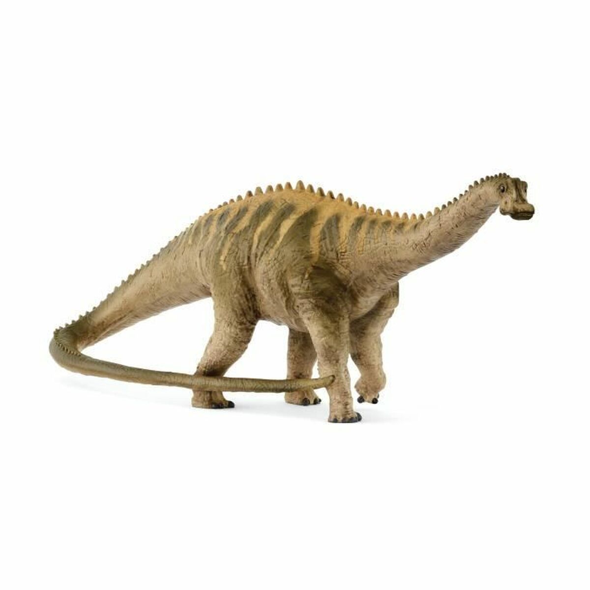 Ein brauner Dinosaurier mit Streifen und einem langen Schwanz auf weißem Hintergrund.