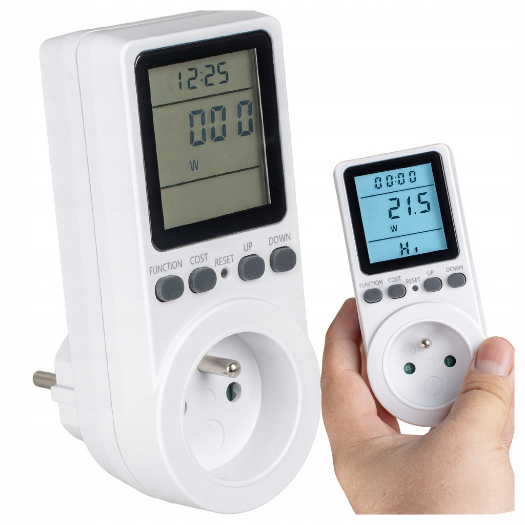 Dwa białe cyfrowe mierniki energii elektrycznej z ekranami LCD i przyciskami.