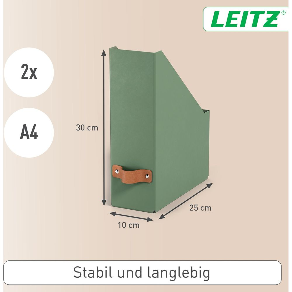 Grüner Leitz-Ordner, 30x25x10cm, mit Ledergriff. Stabile und langlebige Aufbewahrung.