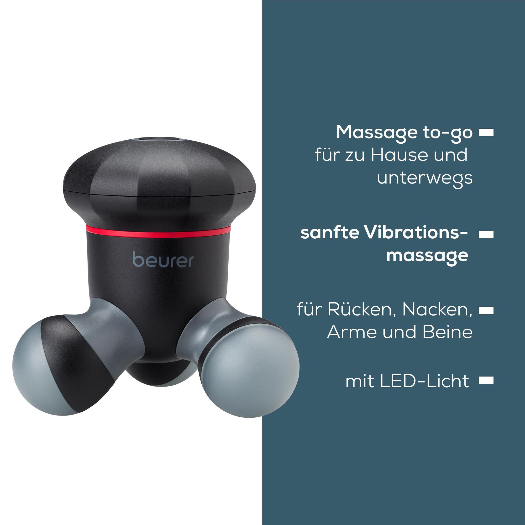 Schwarzer Beurer Massagegerät mit roten Akzenten und zwei grauen Massageköpfen.