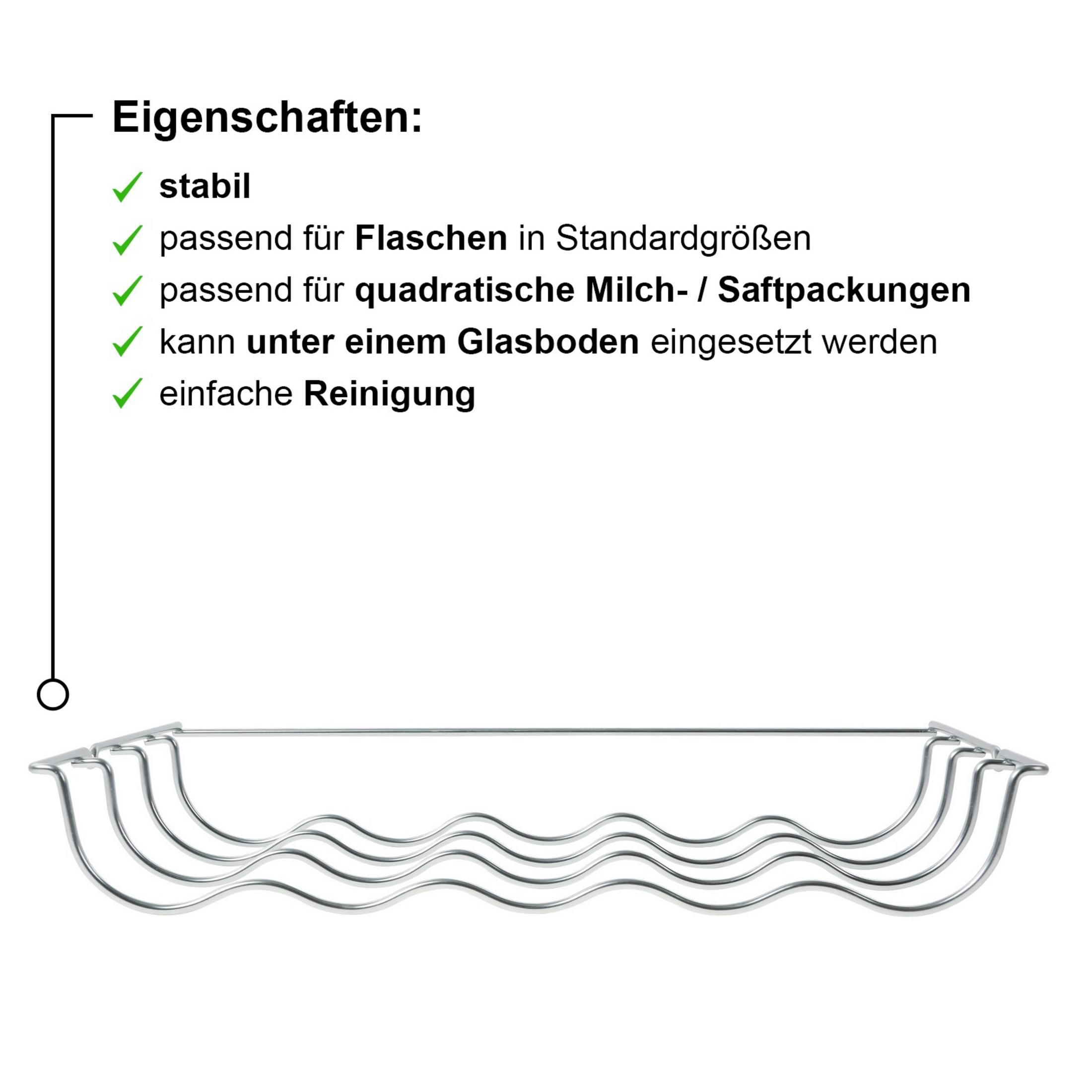 Eine silberne Flaschenablage mit Wellenform, daneben eine Liste von Eigenschaften.