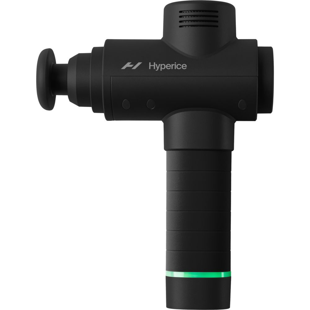 Schwarze Massagepistole mit Hyperice-Logo und grünem Licht am Griffende.