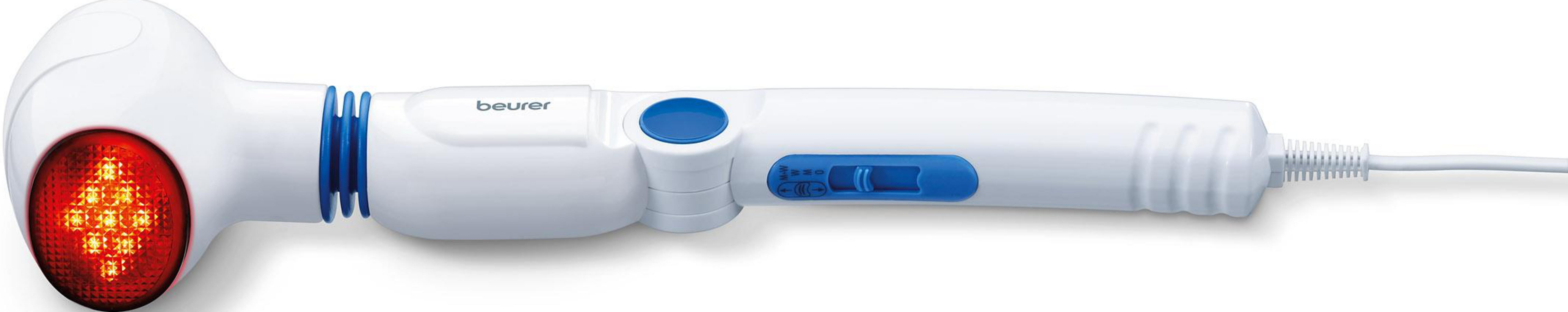 Ein weißer Handmassagegerät mit rotem Licht und blauen Akzenten.
