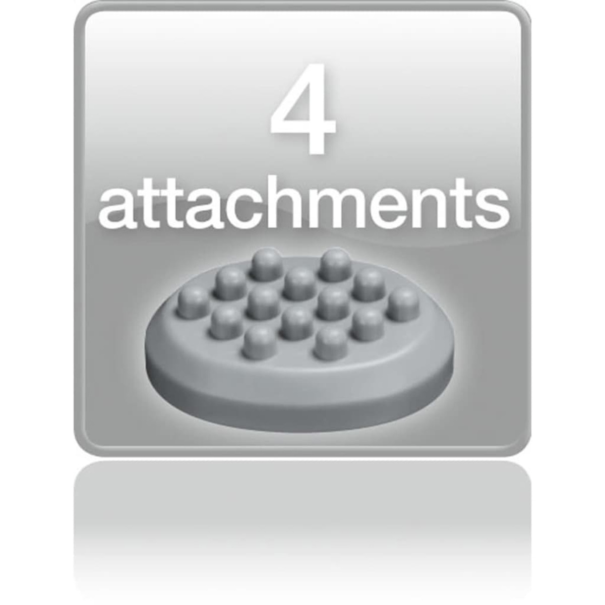Grauer Aufsatz mit vielen Noppen, "4 attachments" Beschriftung.