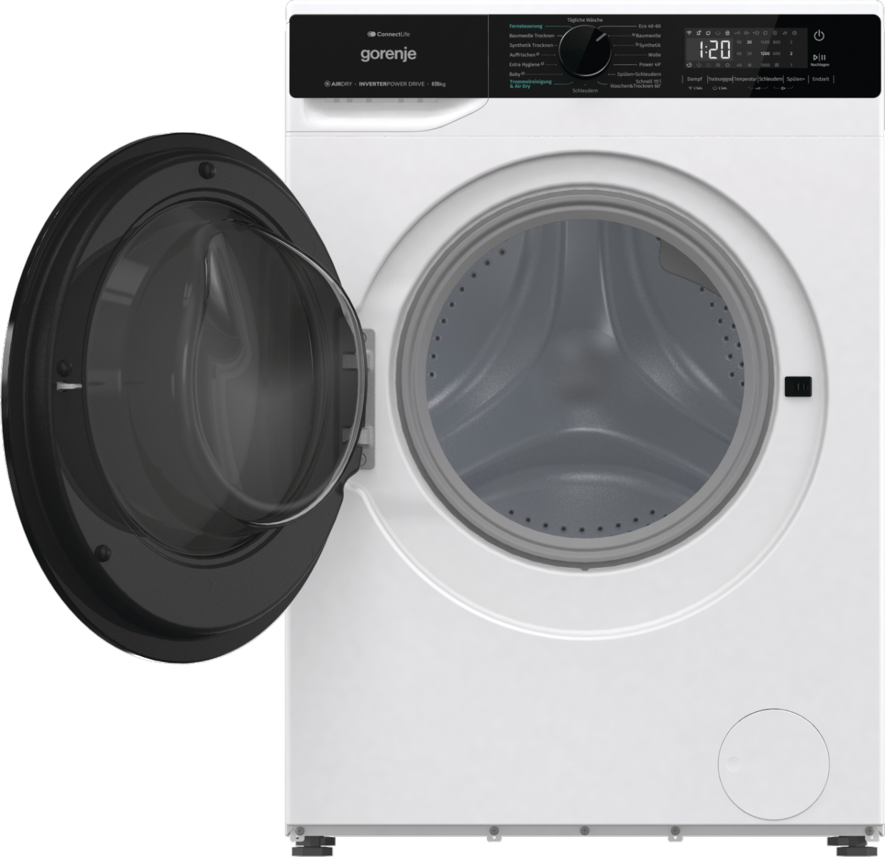 Eine weiße Gorenje Waschmaschine mit geöffneter schwarzer Tür und Bedienfeld.