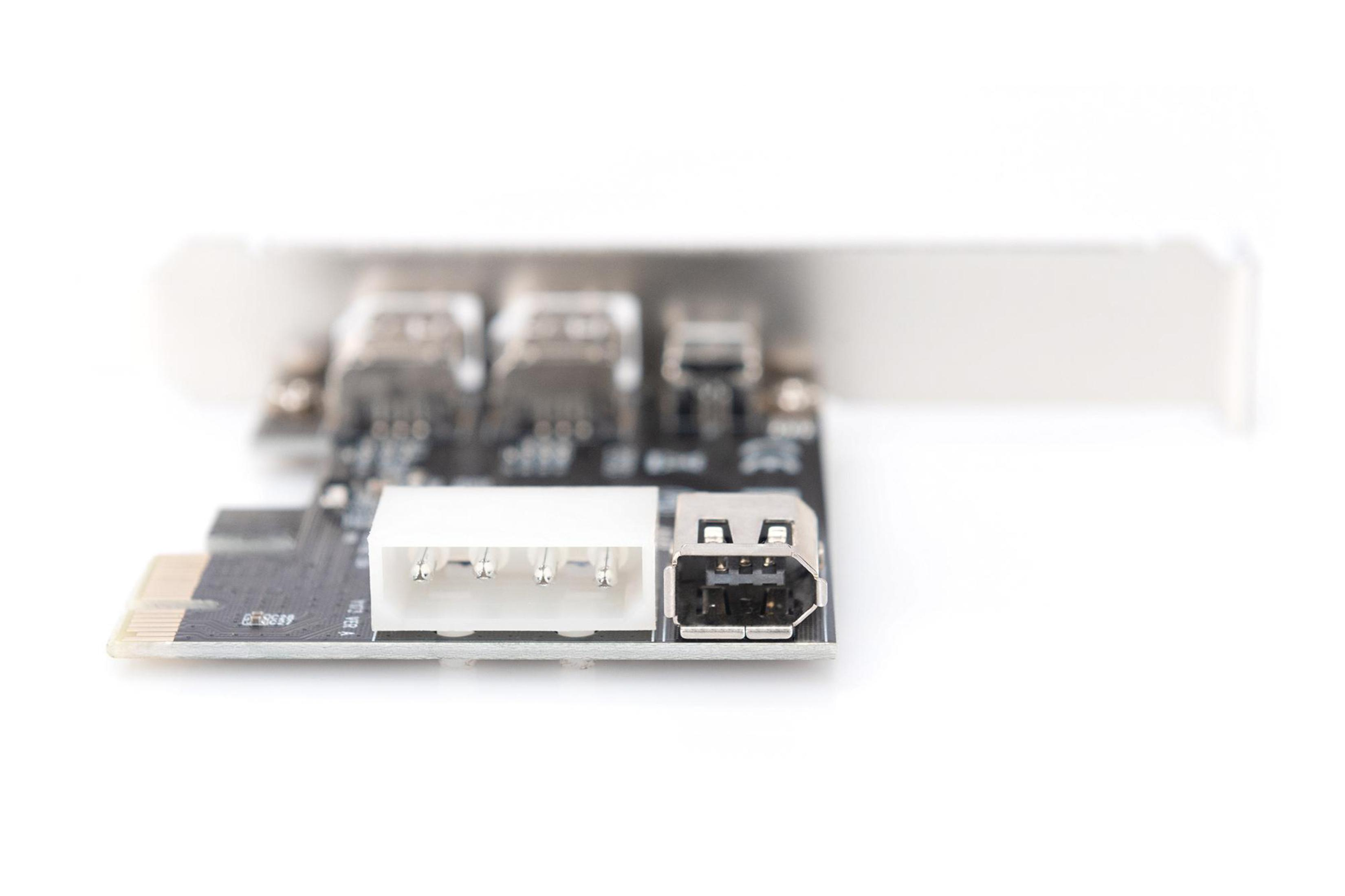 Ein Computer-Erweiterungssteckplatz mit USB- und Stromanschlüssen auf weißem Hintergrund.