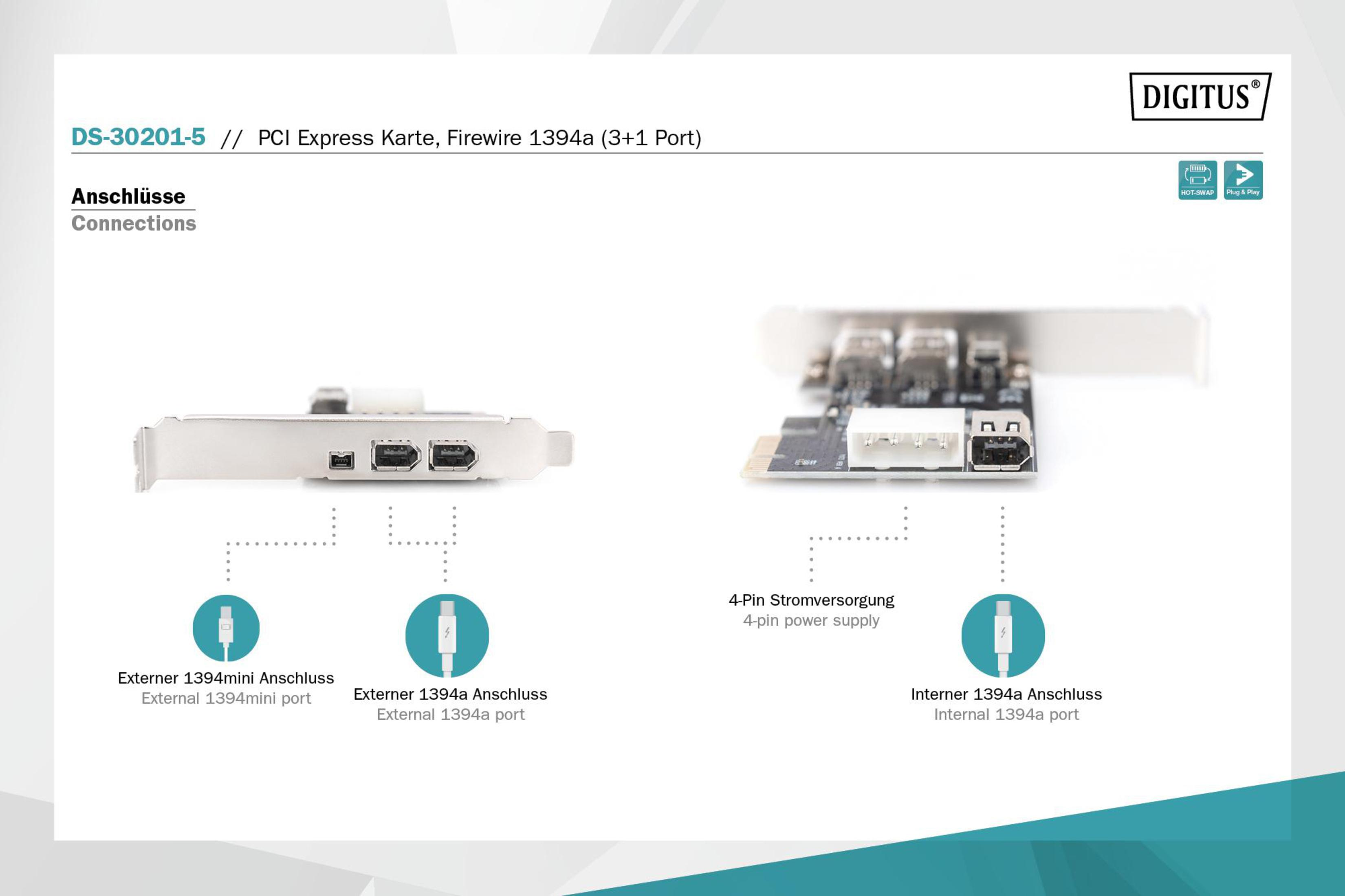 PCIe-Karte mit 3x externen 1394a-Ports, 1x internem 1394a-Port und Stromversorgung.