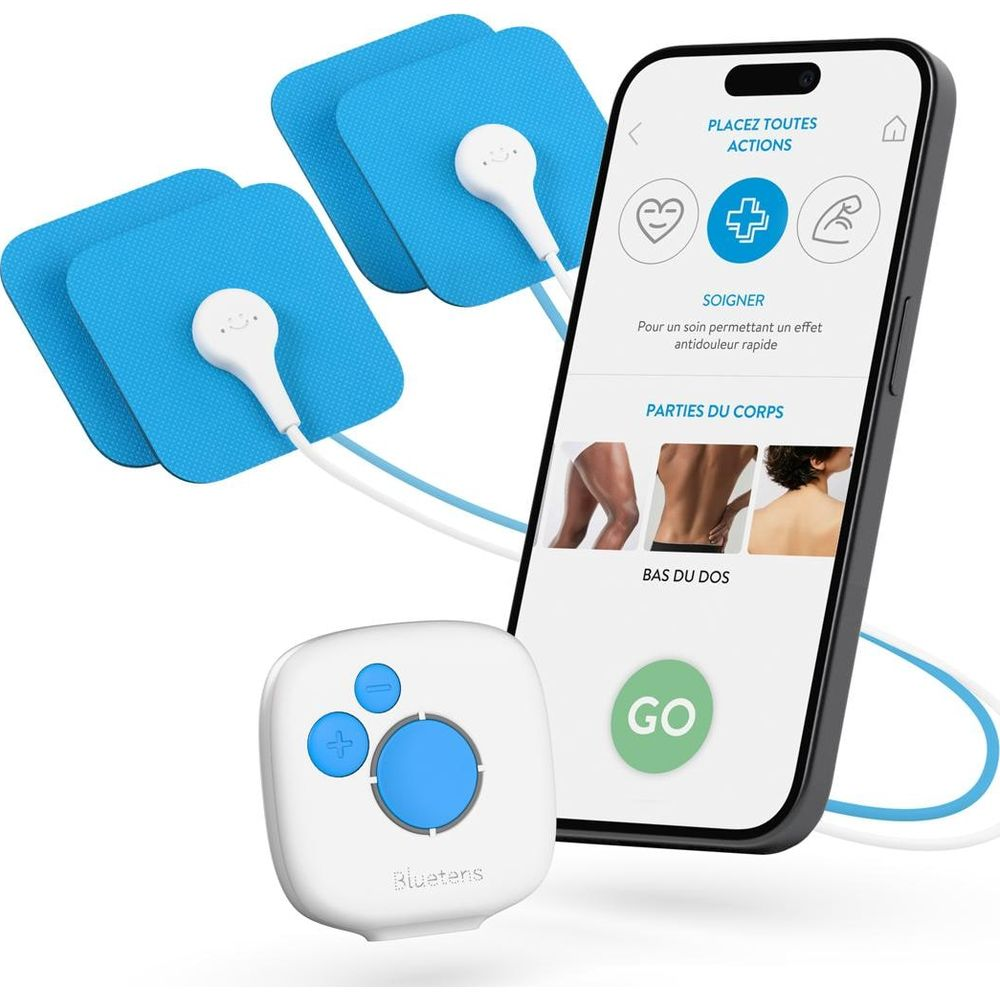 Ein Bluetens-Gerät mit Elektroden und Smartphone, das eine Rückenbehandlung zeigt.