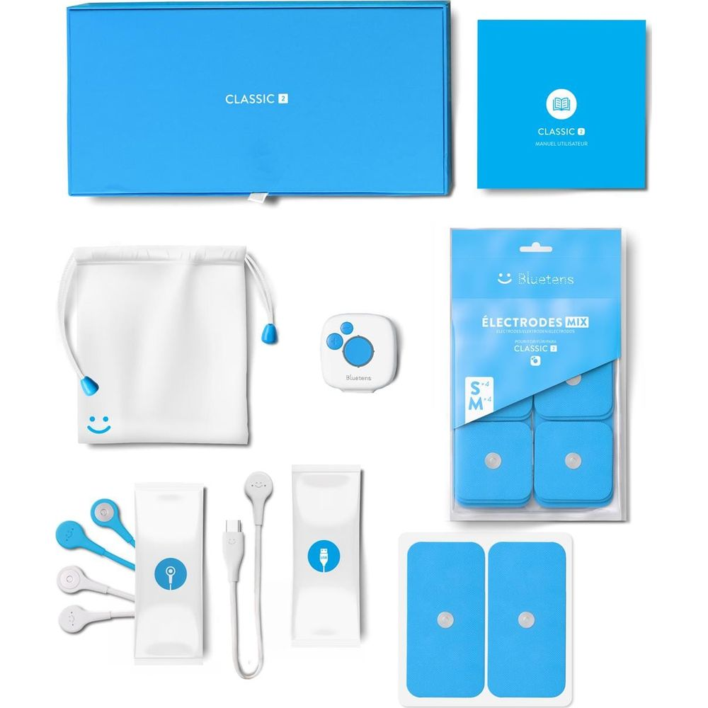 Blueten's Classic 2 Set: Box, Handbuch, Elektroden, Gerät und Zubehör.