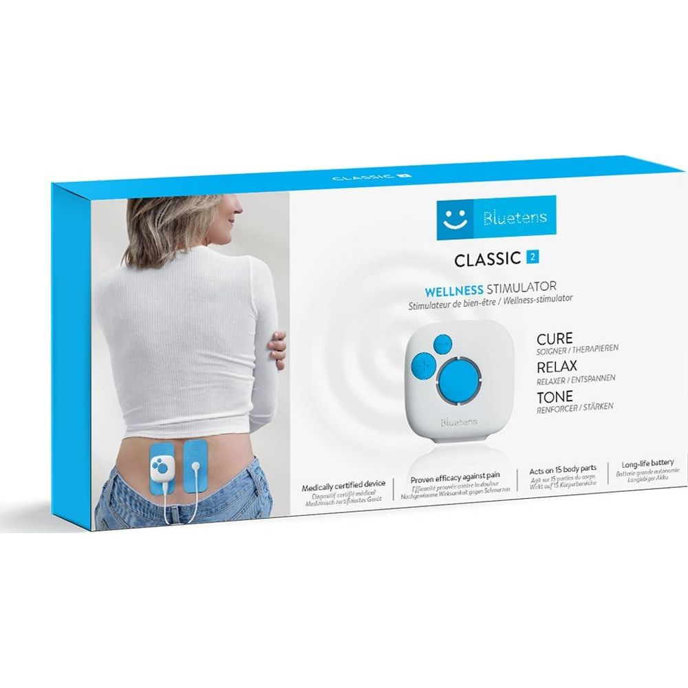 Verpackung eines Bluetens Wellness Stimulators mit Frau am Rücken
