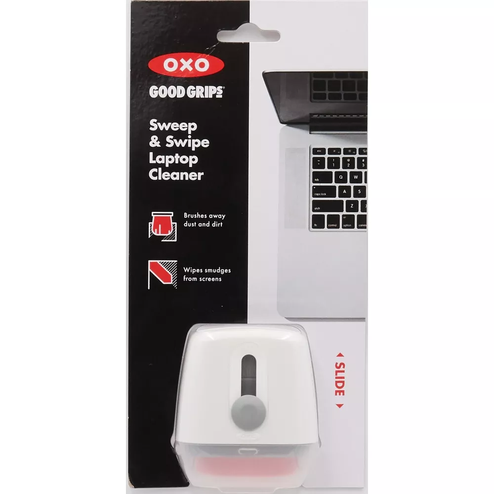 OXO Good Grips Sweep & Swipe Laptop Cleaner Verpackung mit Bürsten- und Wischsymbolen.