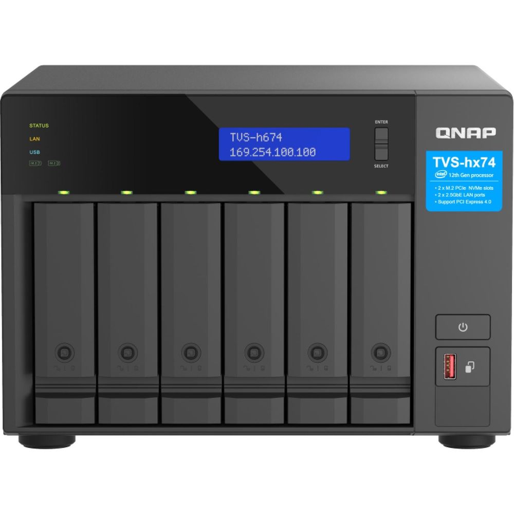 Un NAS QNAP nero con sei alloggiamenti e display blu.