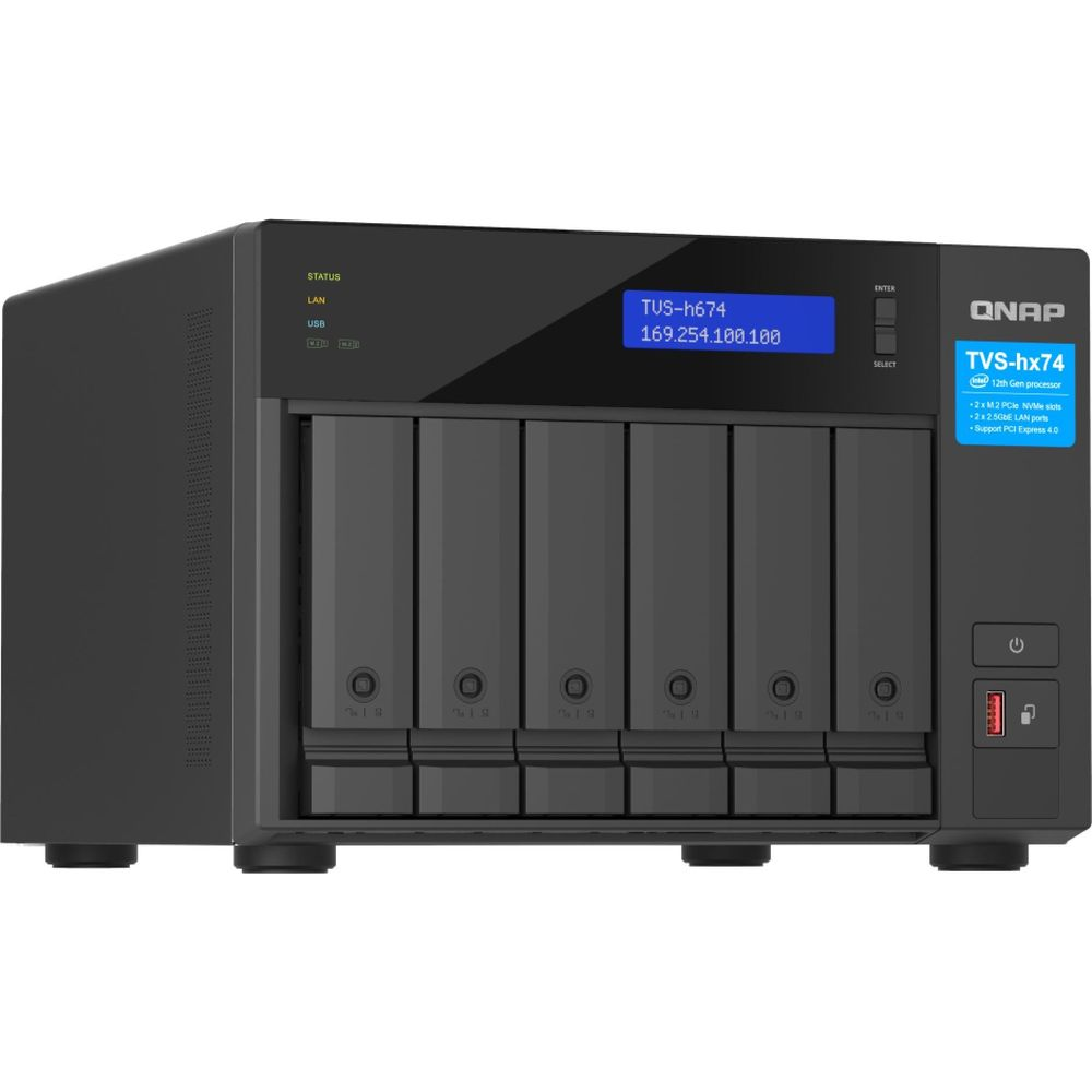 NAS QNAP TVS-hx74 con sei bay, spie di stato e schermo.