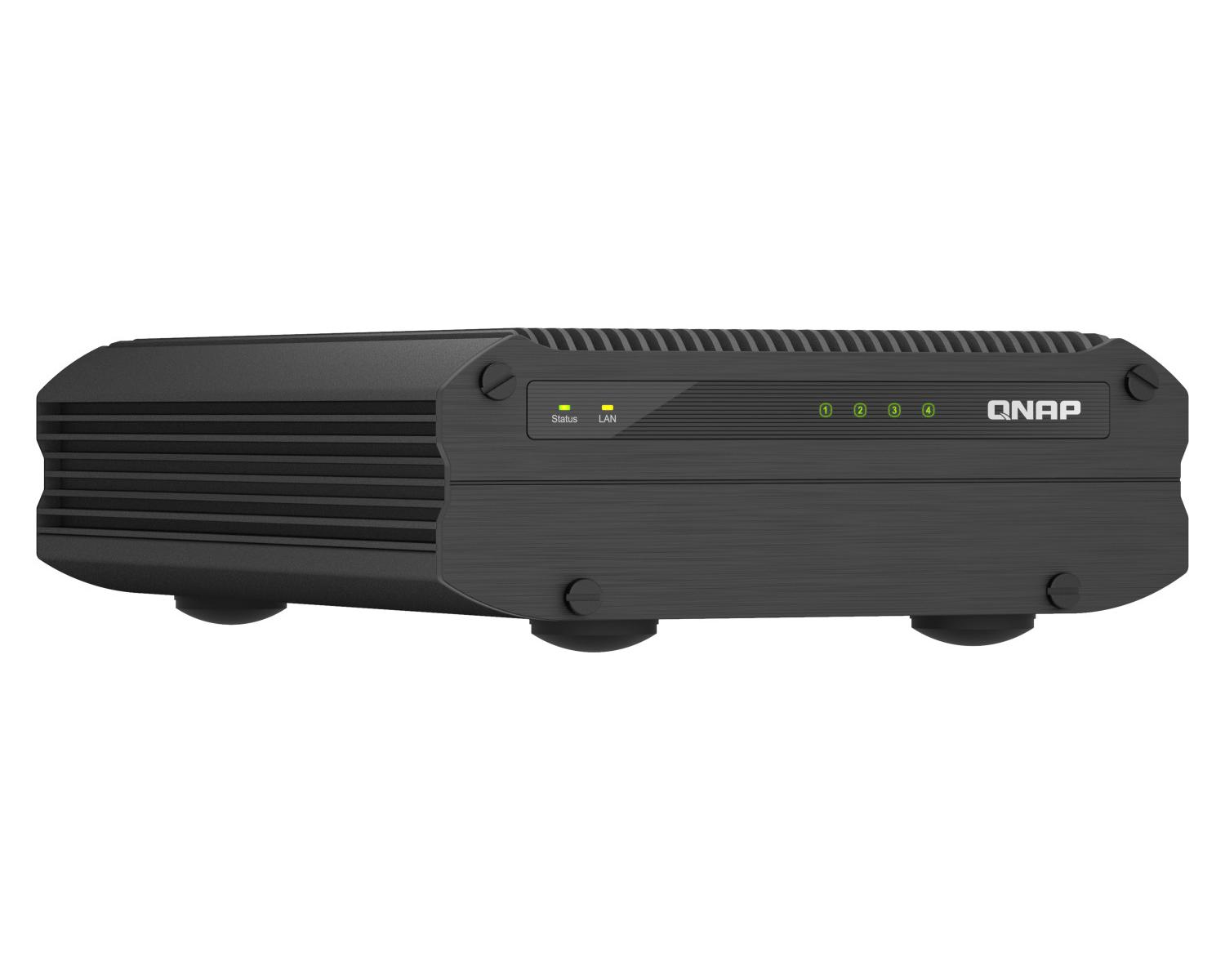 Schwarzes QNAP-Gerät mit Status- und LAN-LEDs sowie vier nummerierten Indikatoren.