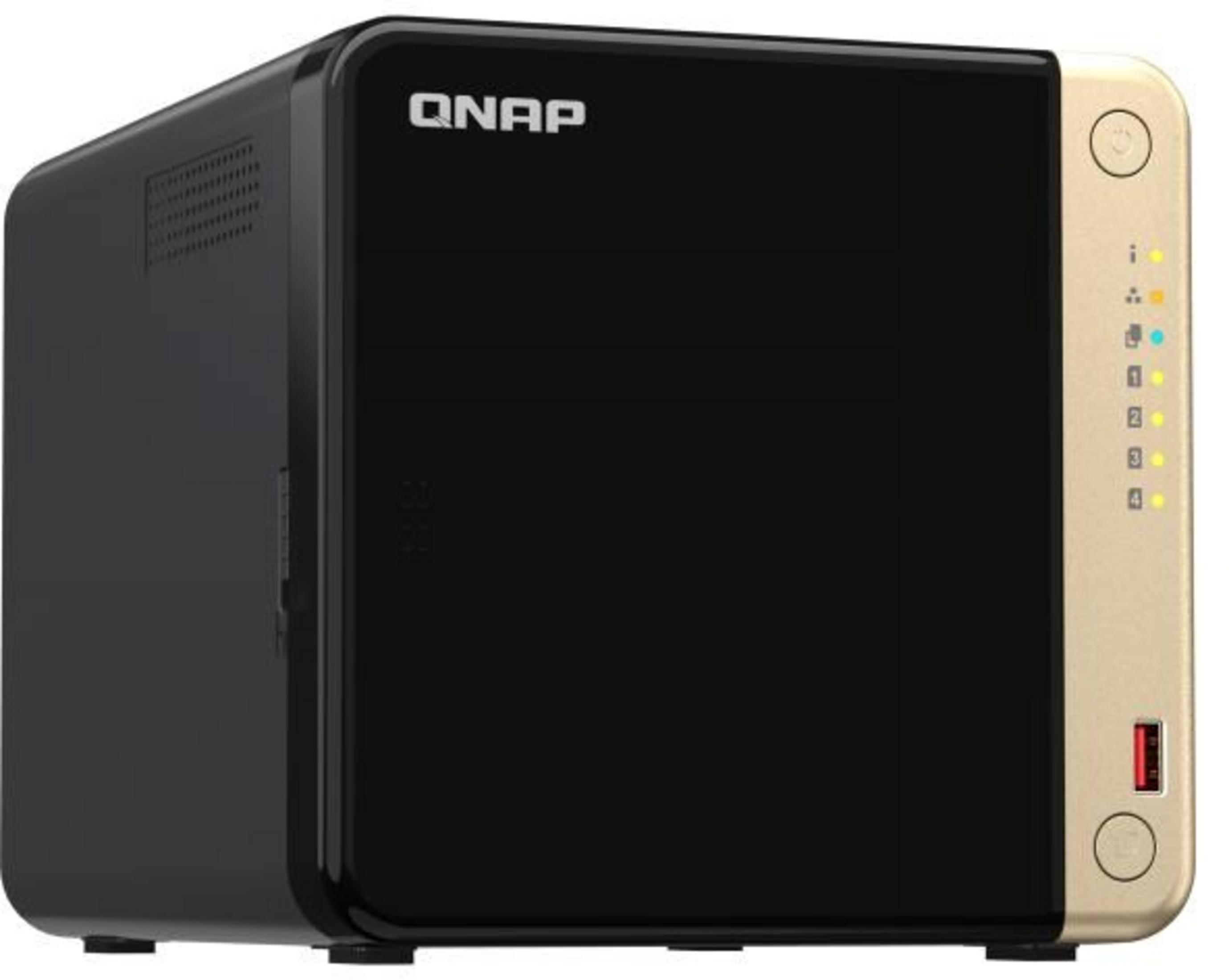 Un dispositivo NAS QNAP negro con panel frontal dorado y luces indicadoras.