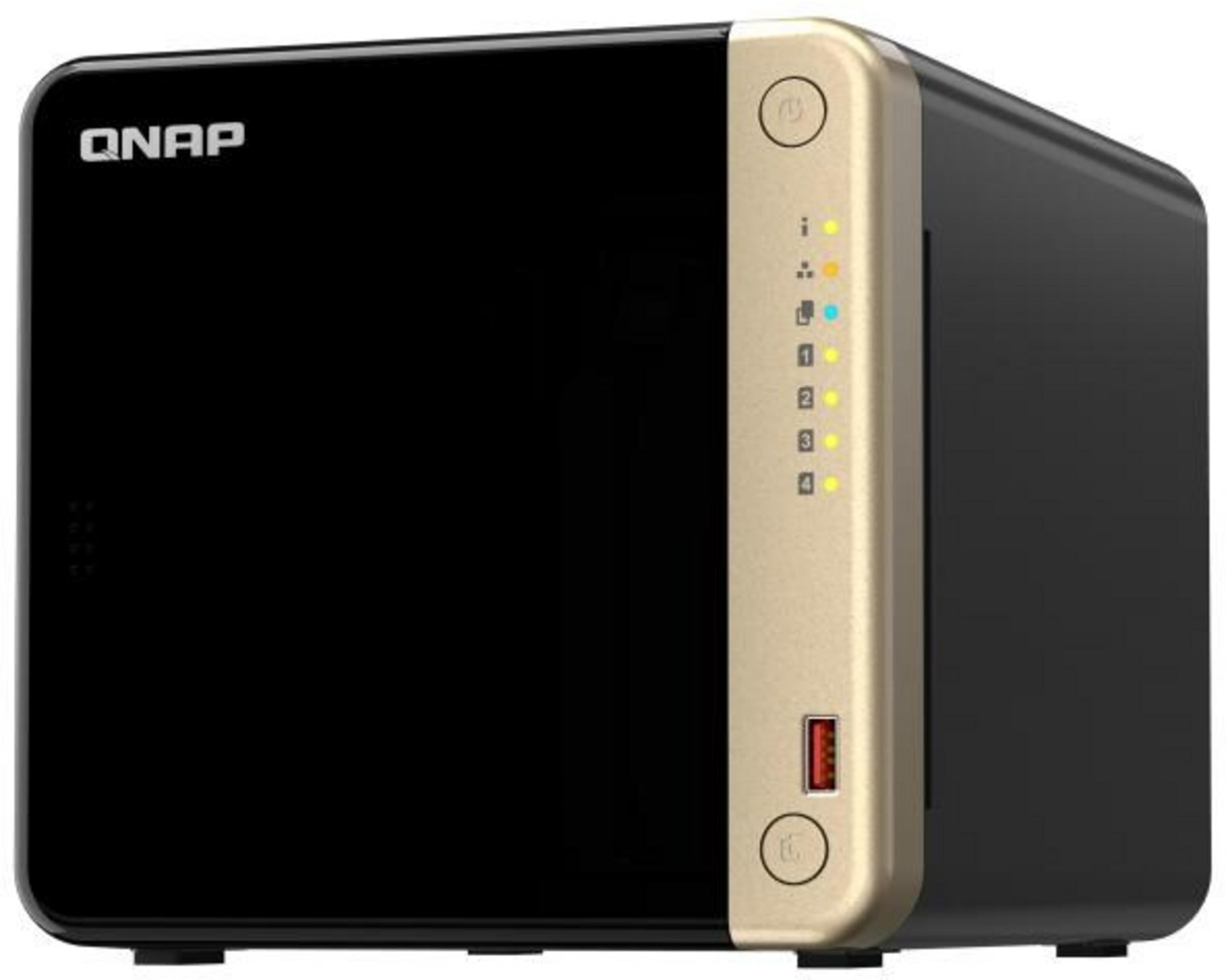 NAS QNAP negro con panel frontal dorado, puerto USB y luces de estado.
