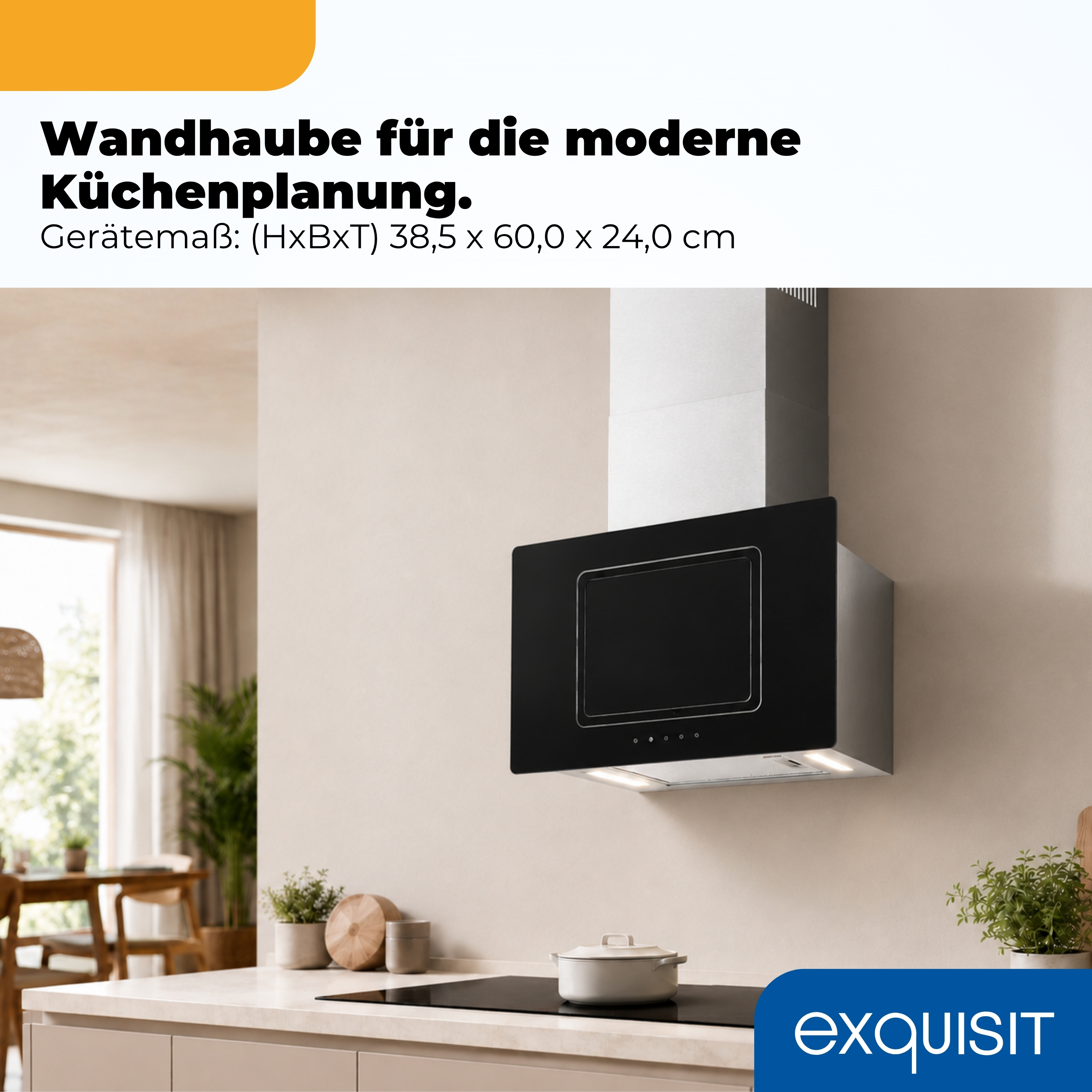 Moderne schwarze Wandhaube über einem Kochfeld mit Topf.