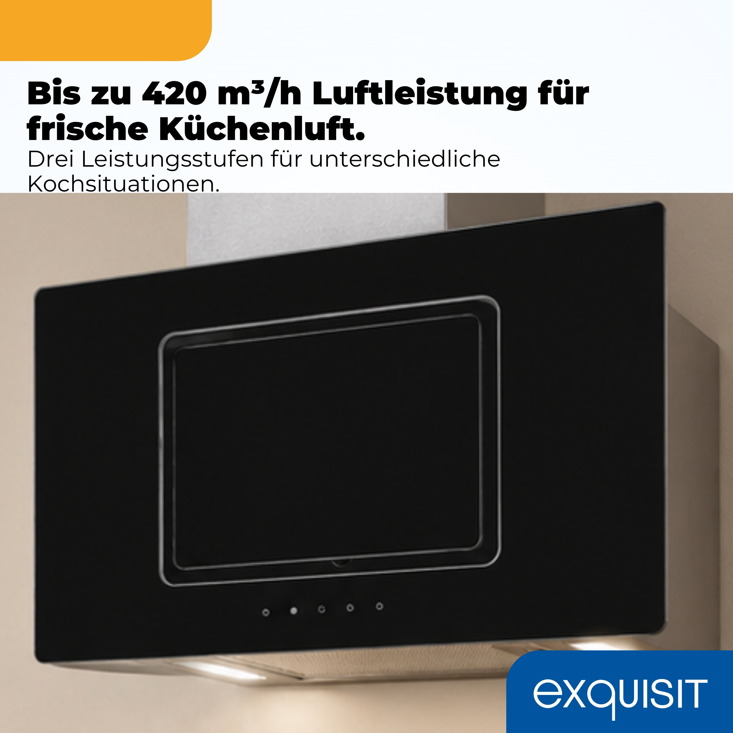 Schwarze Dunstabzugshaube mit silbernem Rahmen und Beleuchtung.