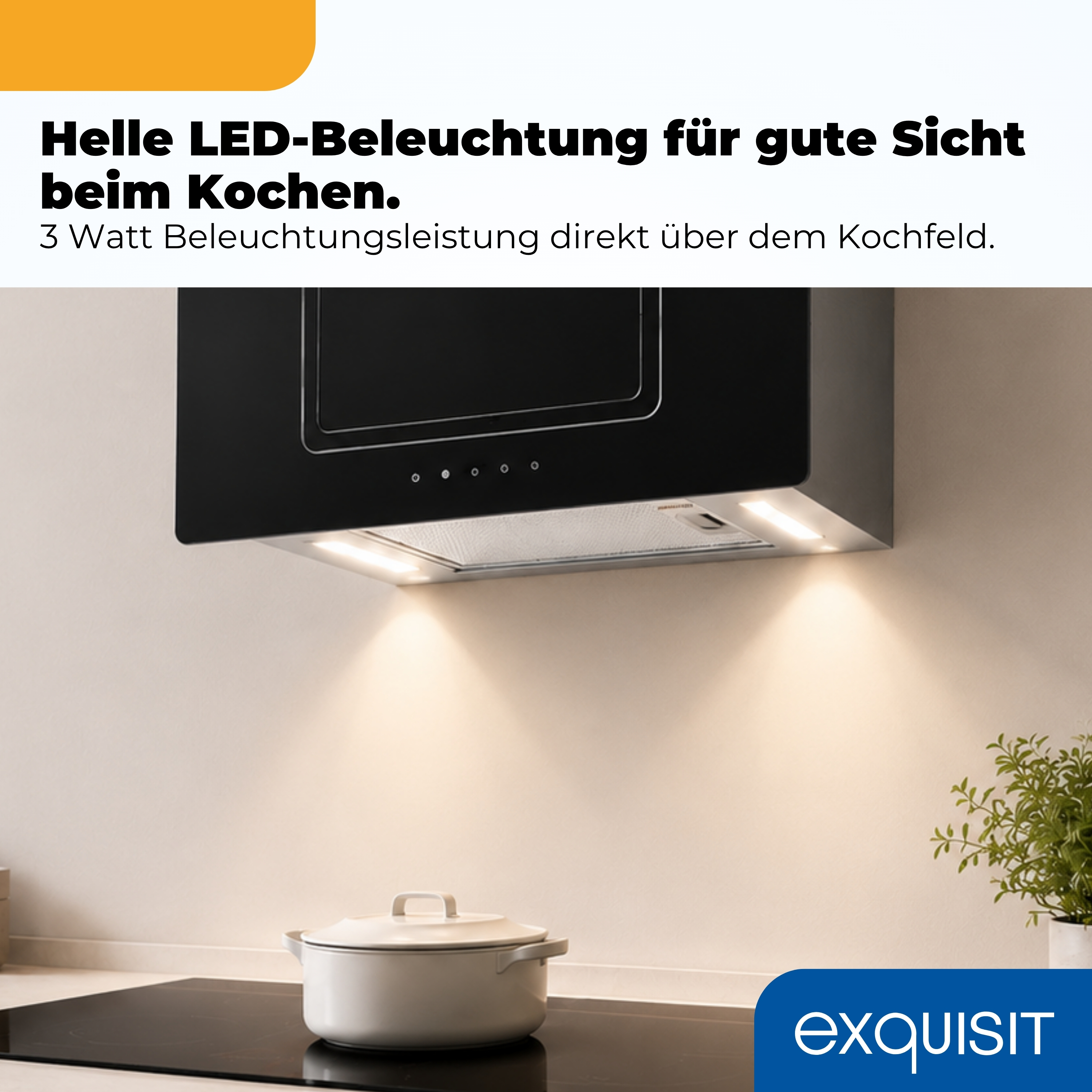Ein Kochfeld mit Dunstabzugshaube und Beleuchtung.