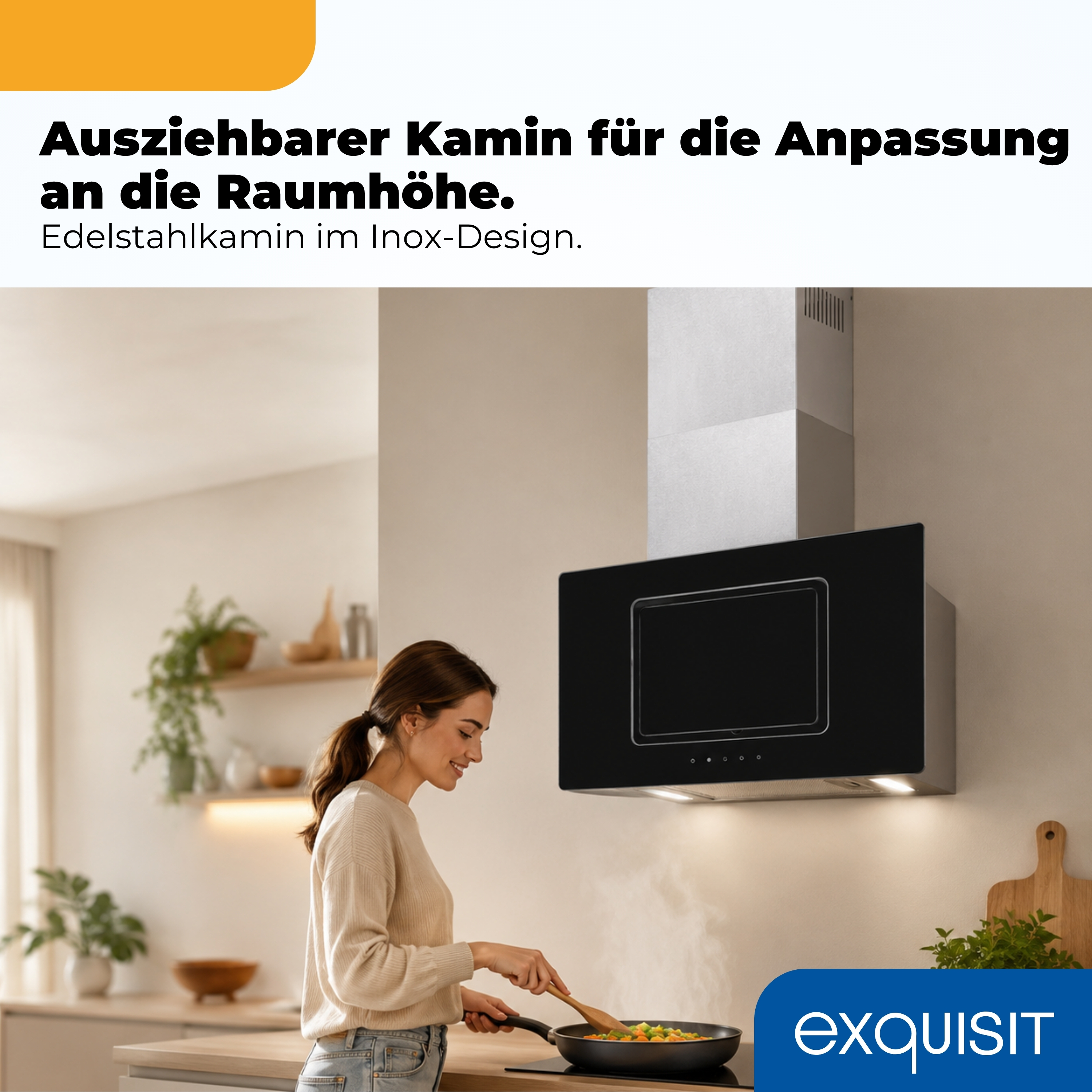 Eine Frau kocht in einer modernen Küche mit einem Edelstahldunstabzug.