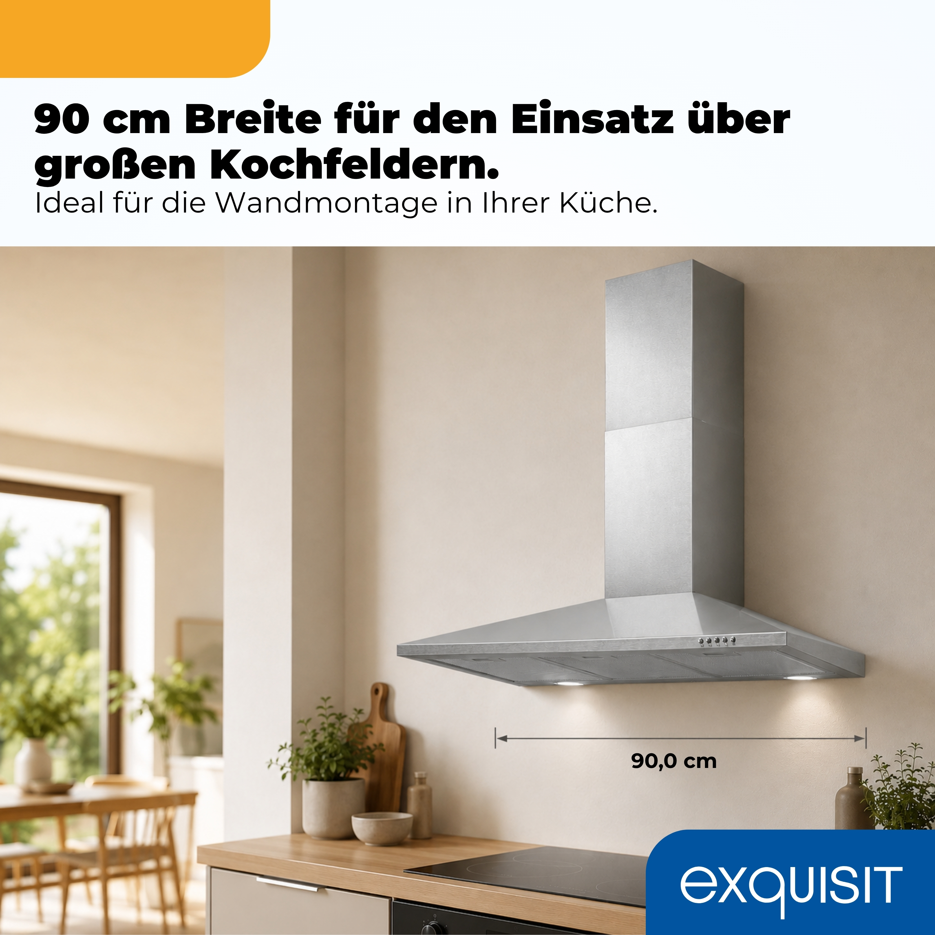 Edelstahl-Dunstabzugshaube, 90 cm breit, über Kochfeld montiert.