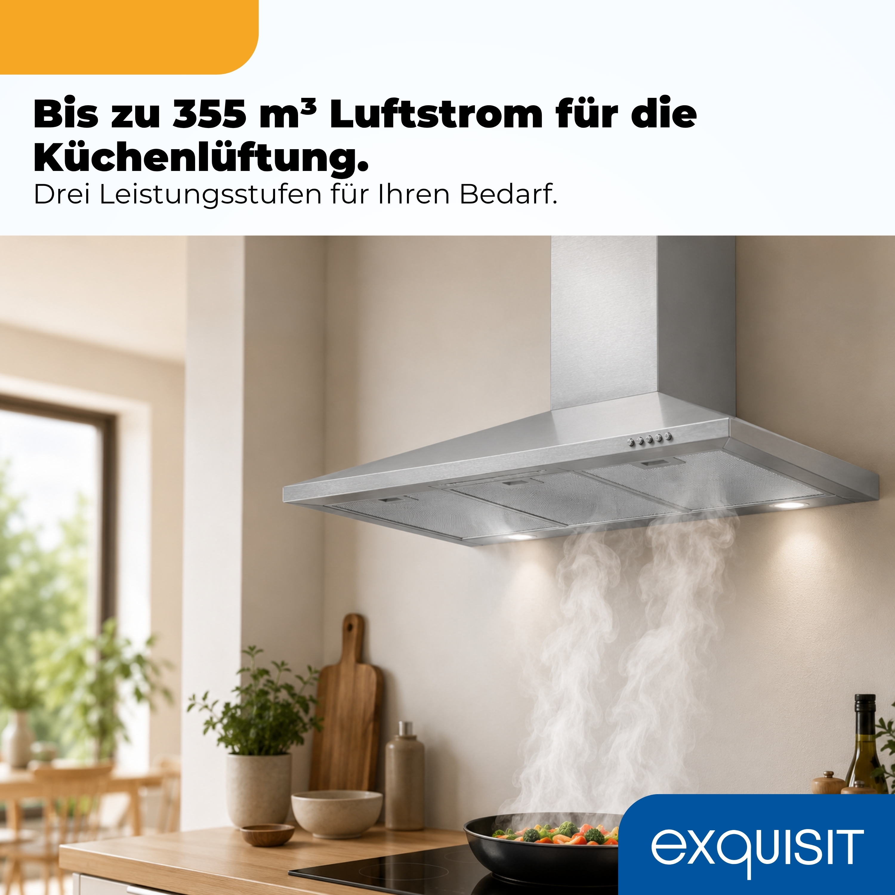 Edelstahl-Dunstabzugshaube über einem Kochfeld mit dampfender Pfanne.