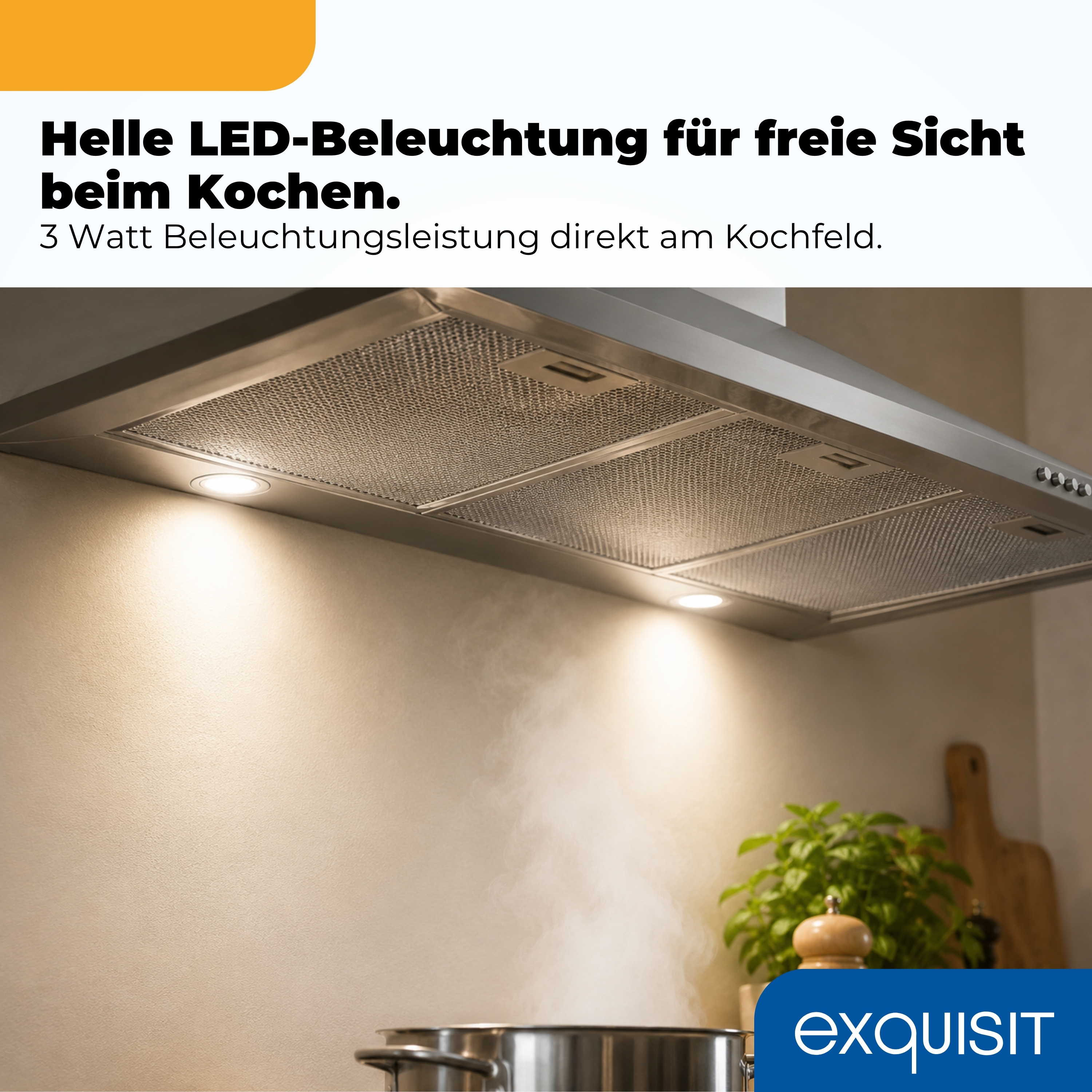 Eine Dunstabzugshaube mit LED-Lichtern beleuchtet einen Kochbereich.