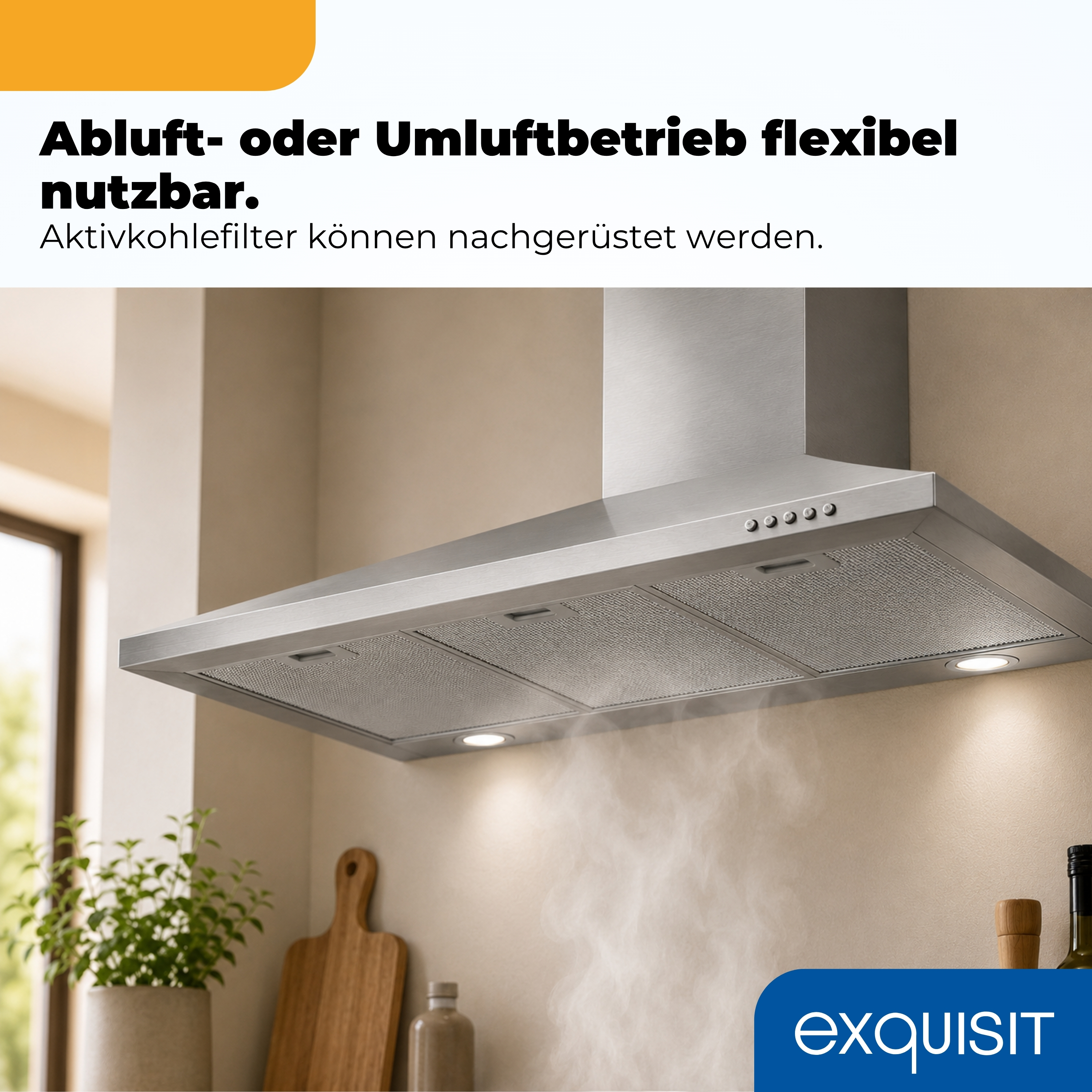 Edelstahl Dunstabzugshaube mit Dampf, Licht und Steuerung.