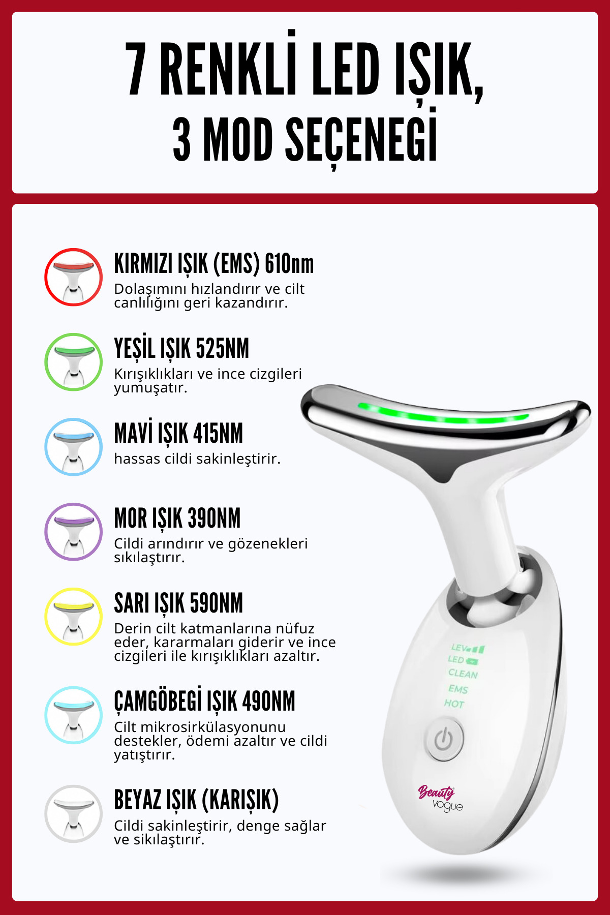 Çeşitli cilt bakımı uygulamaları için 7 renkli LED'e sahip beyaz yüz cihazı.