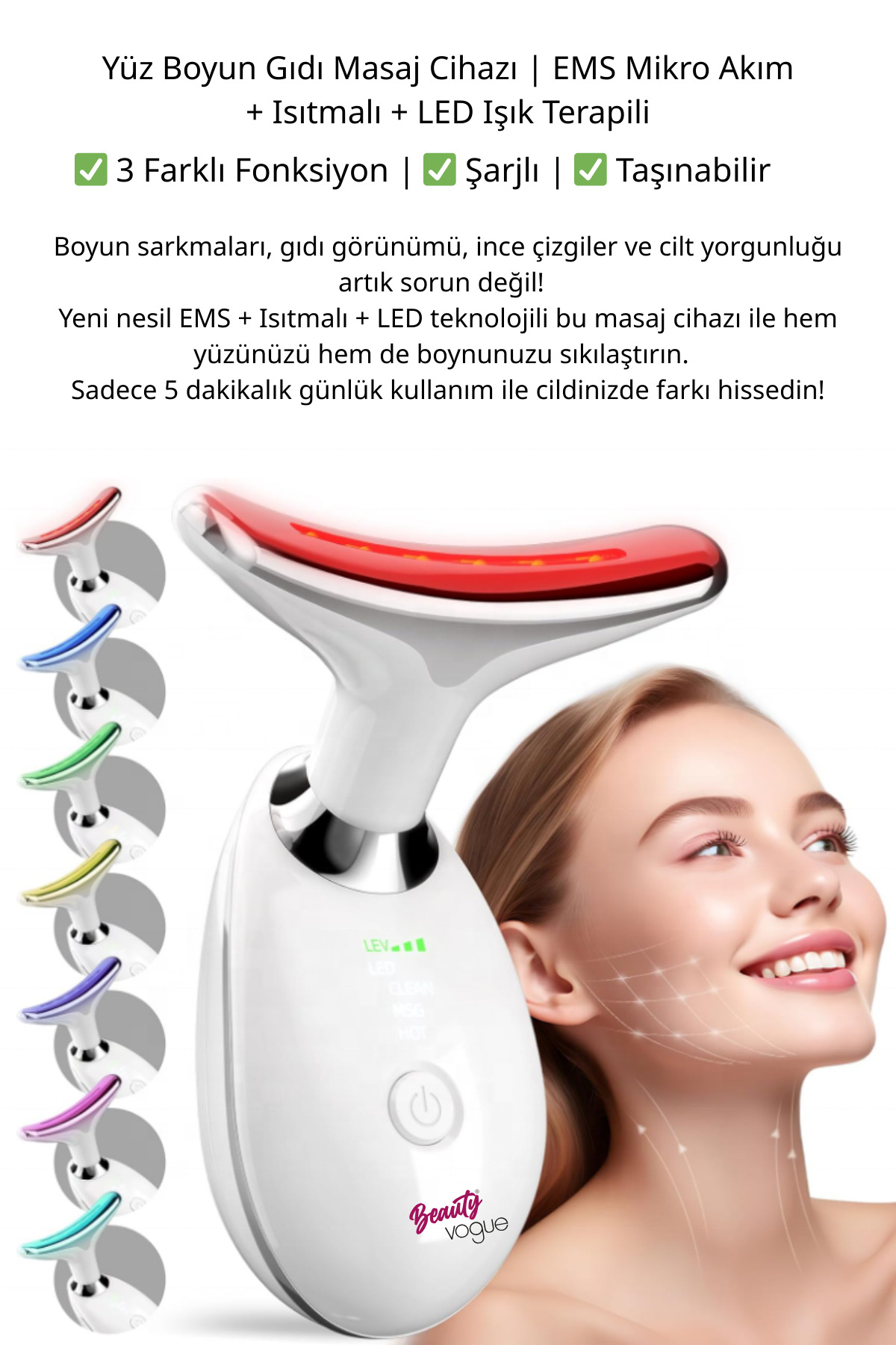 Yüz ve boyun için kırmızı ışıklı beyaz güzellik cihazı, bir kadının yanında.