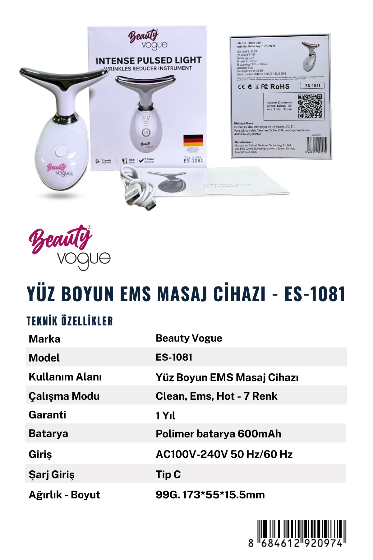 Beauty Vogue EMS yüz ve boyun cihazı, ES-1081 model, USB-C şarjlı.