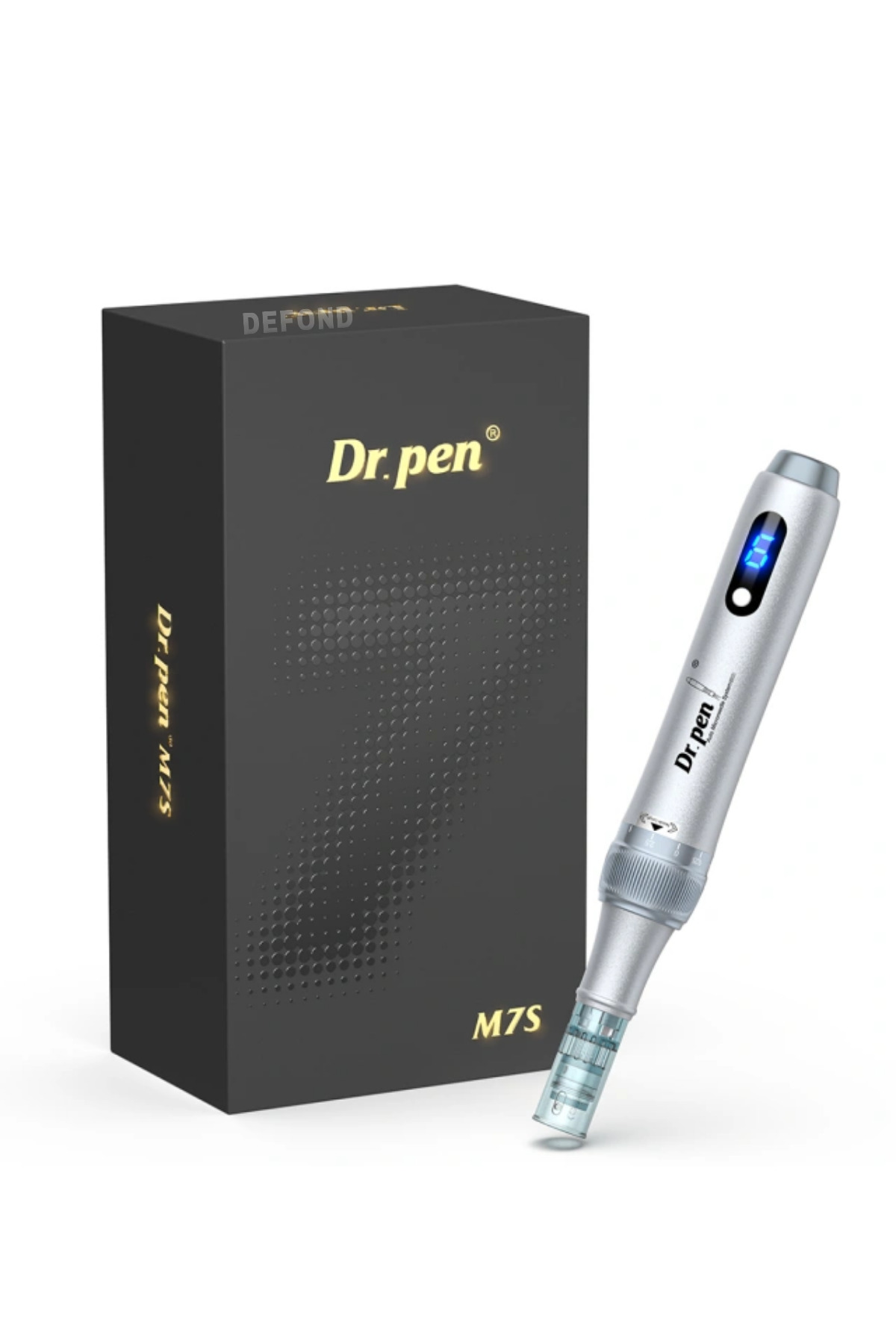 Gümüş rengi Dr. Pen M7S dijital ekranlı, siyah kutunun yanında.